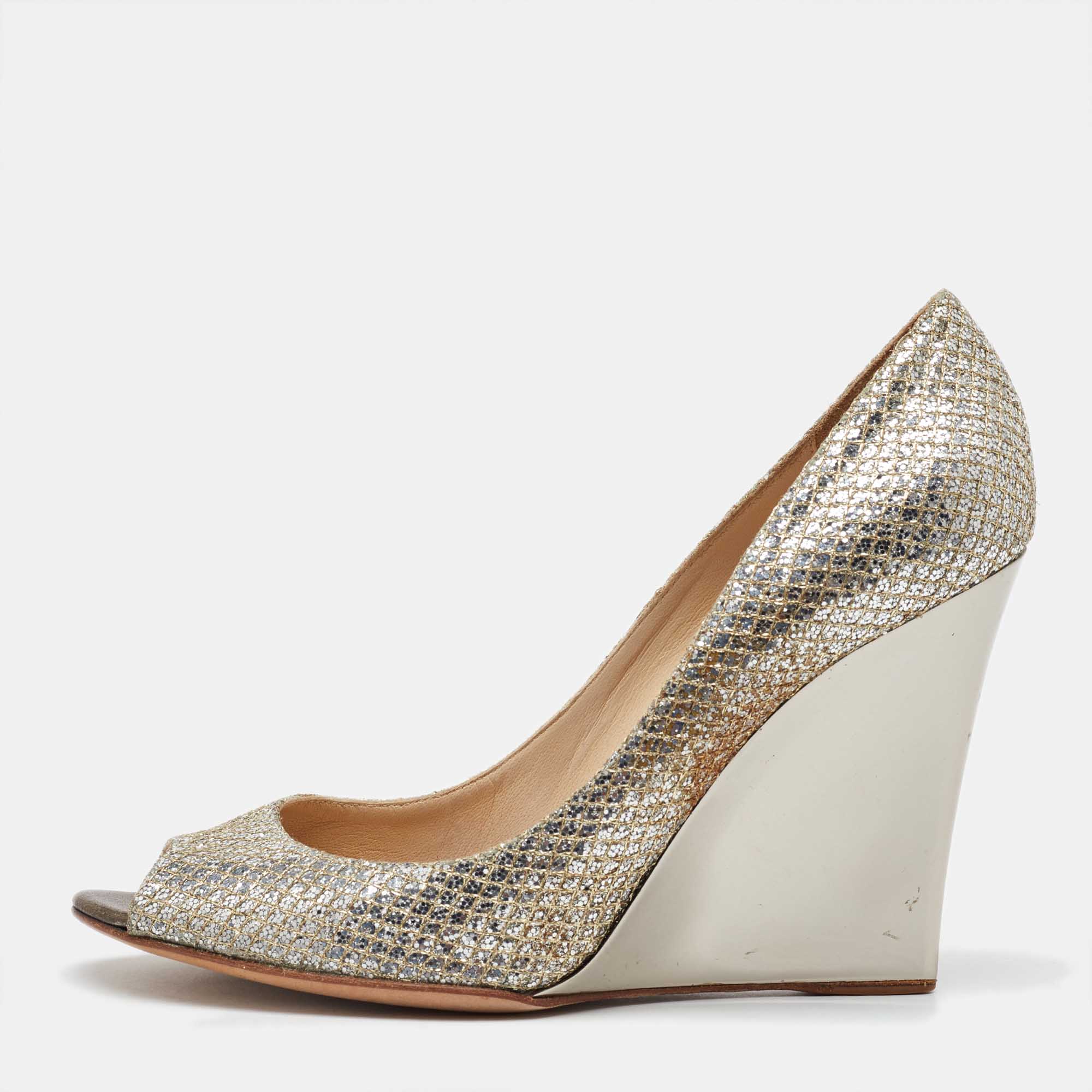 

Jimmy Choo Metallic Coarse Glitter Baxen Peep Toe Wedge Pumps Size