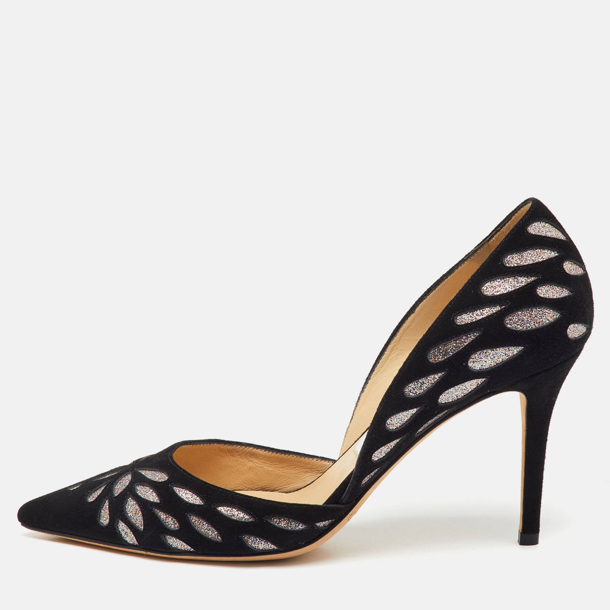 

Jimmy Choo Black/Silver Suede and Glitters Pointed Pumps Size