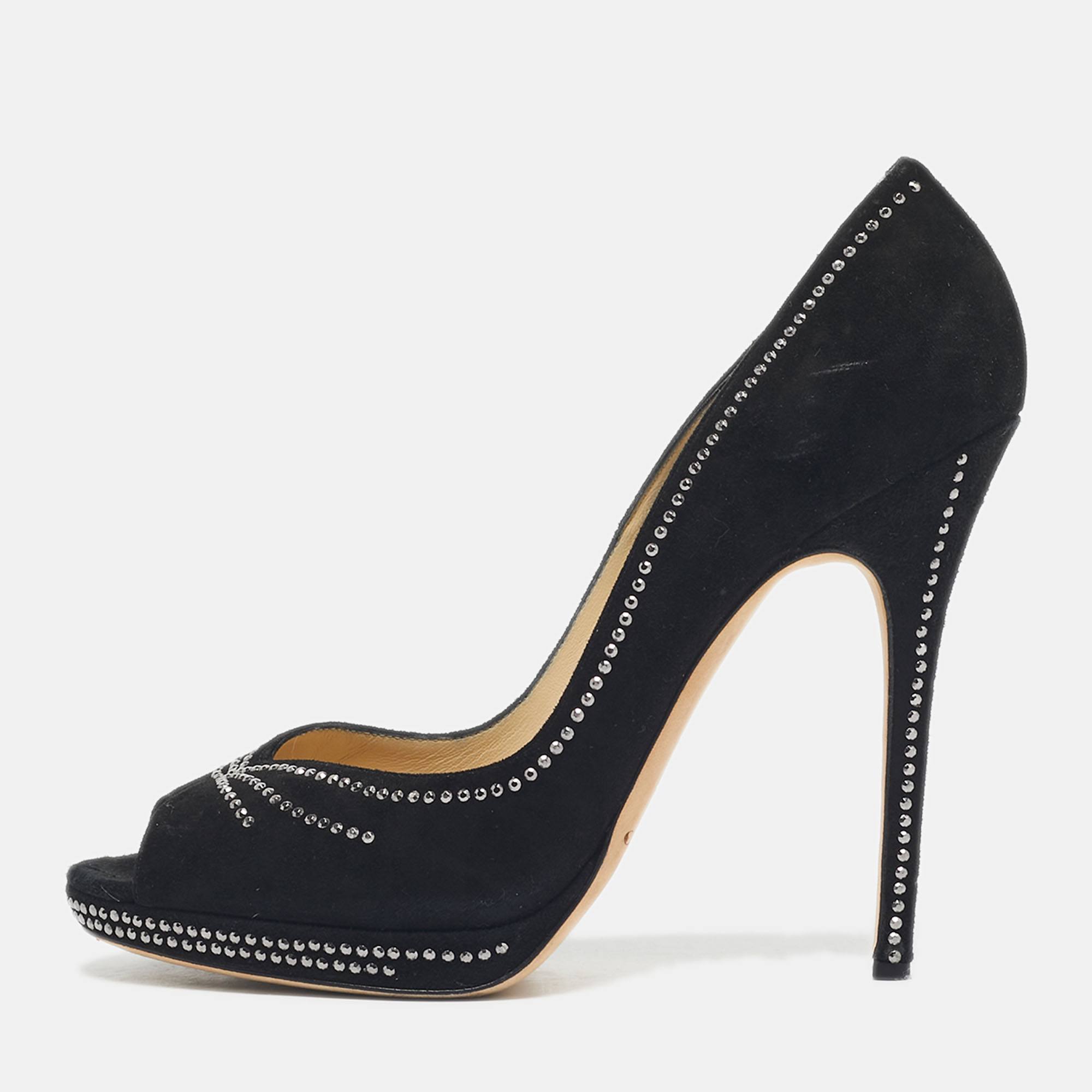 Pre-owned Jimmy Choo Black Suede Studded Peep Toe Pumps Size 41
