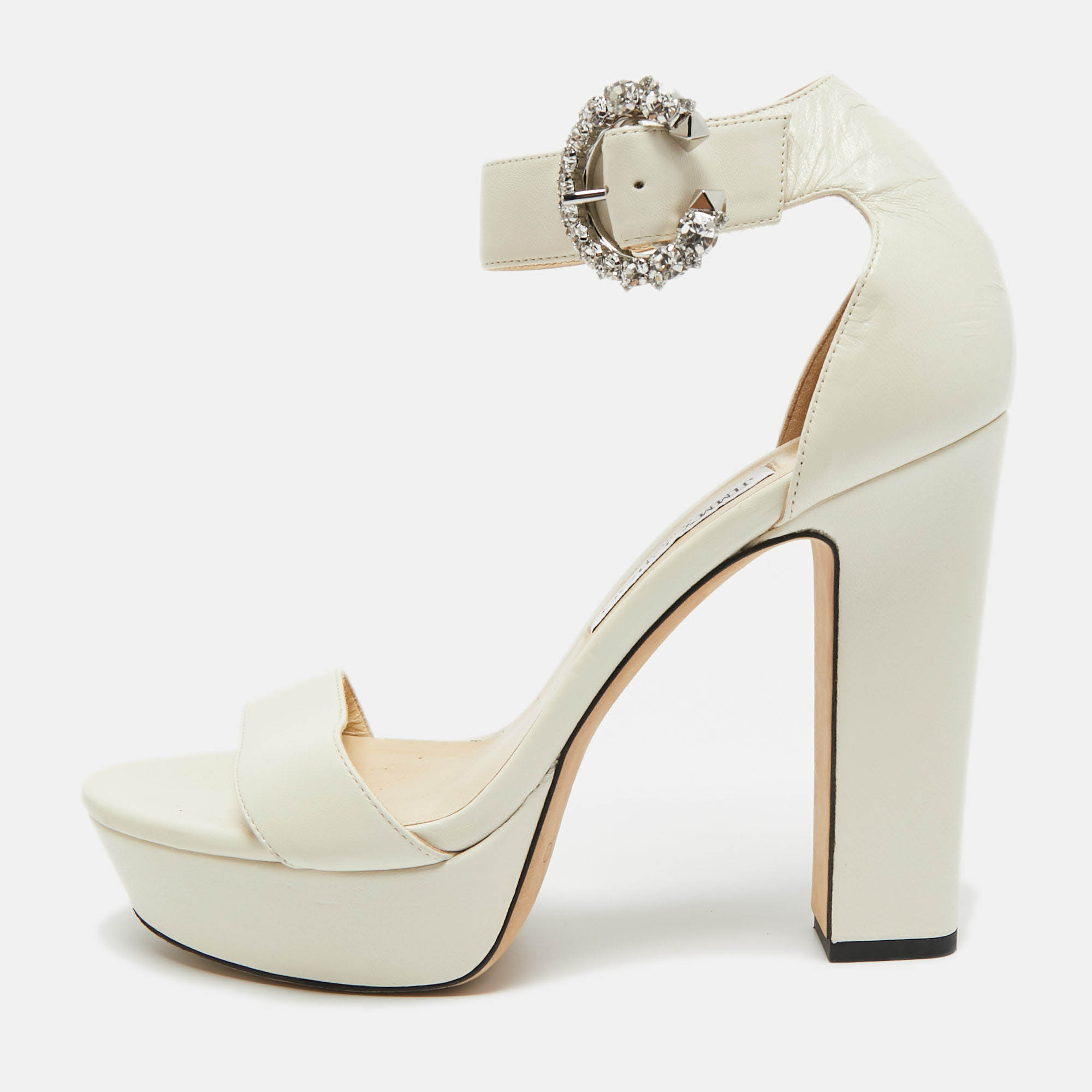 Pre-owned Jimmy Choo Cream Leather Crystal Embellished Ankle Strap Sandals Size 39 In White