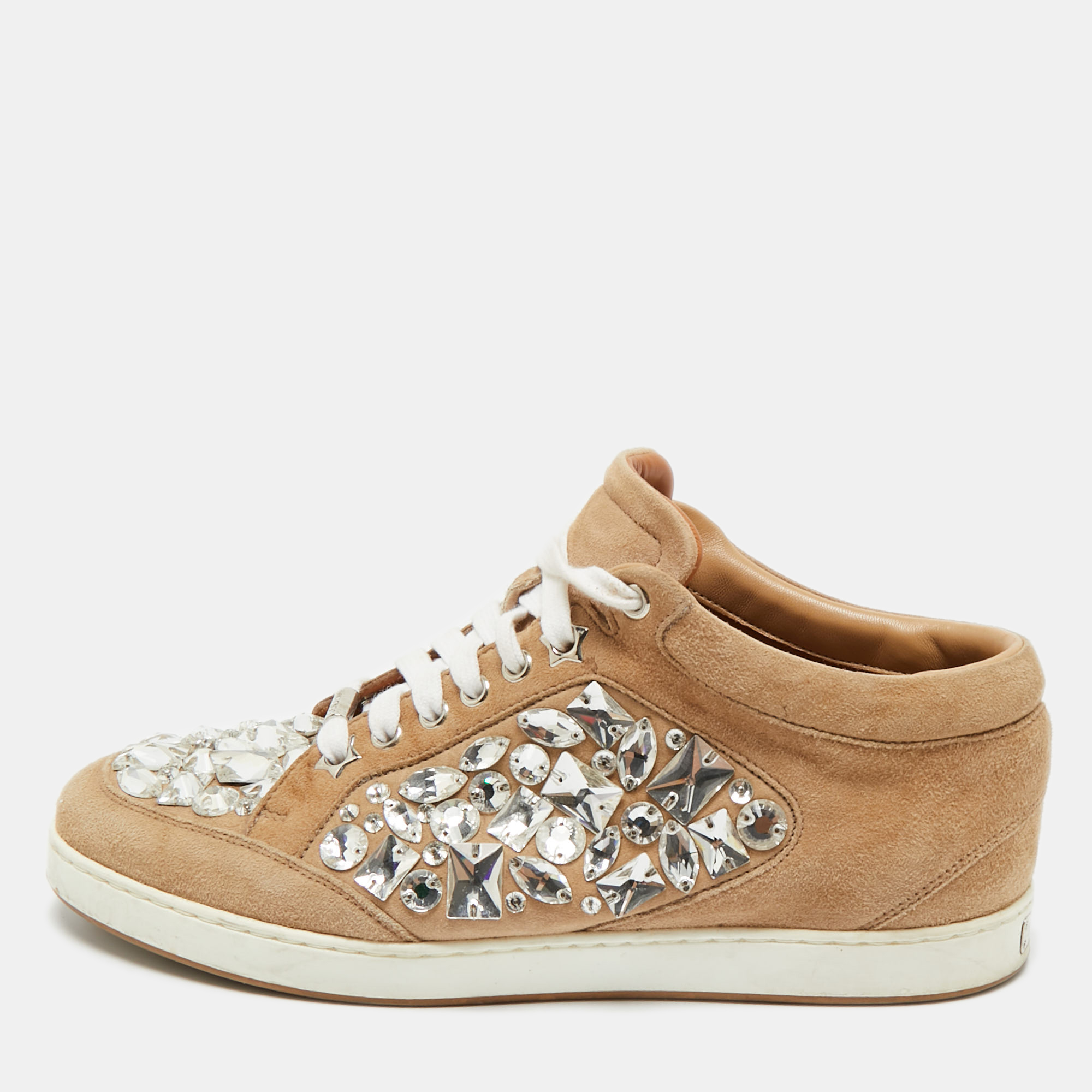 

Jimmy Choo Beige Suede Miami Crystal Embellished Low Top Sneakers Size