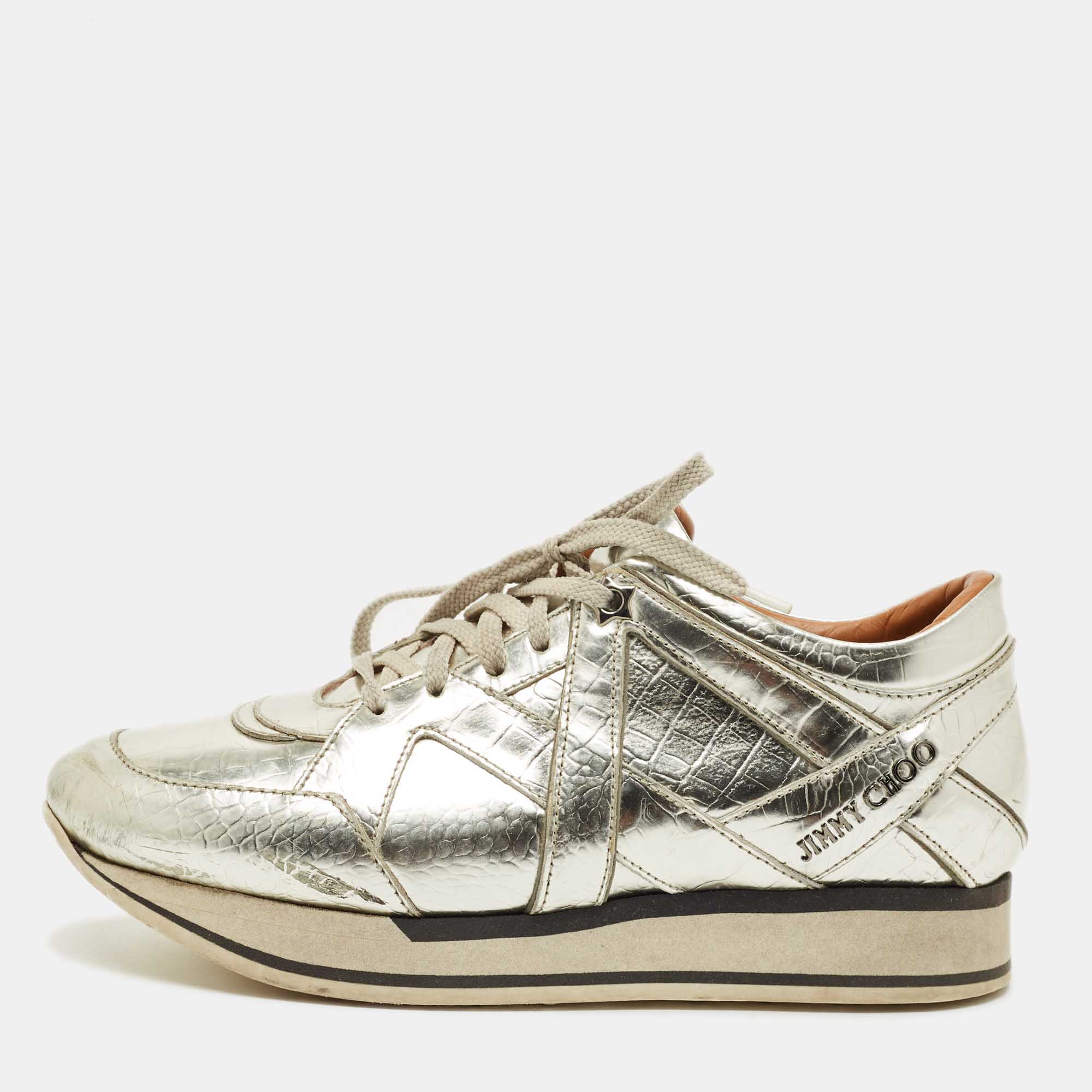 Pre-owned Jimmy Choo Gold Croc Embossed Leather Miami Lace Up Sneakers Size 37.5 In Sand