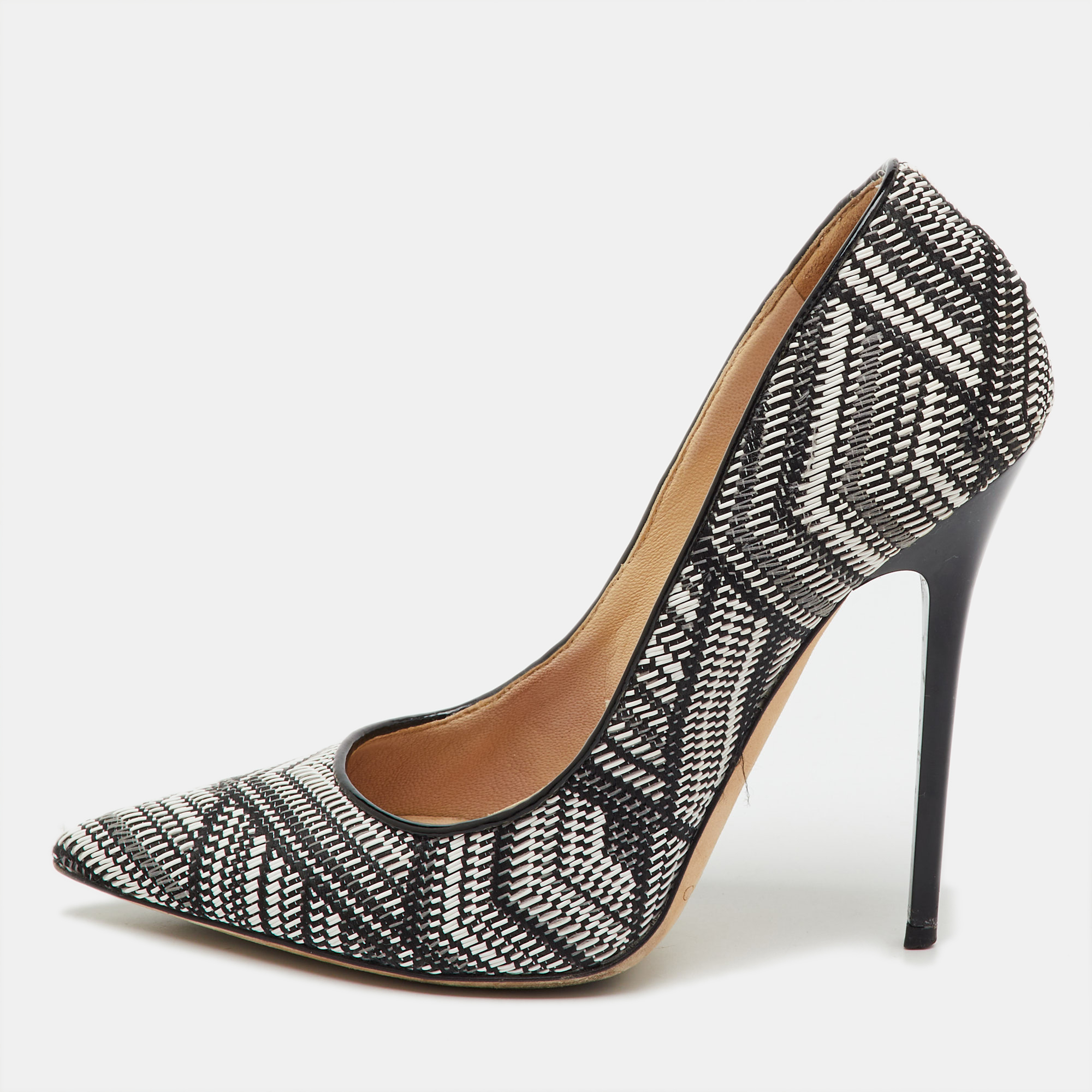 Pre-owned Jimmy Choo Black/white Geometric Print Woven Fabric And Patent Leather Abel Pumps Size 36.5