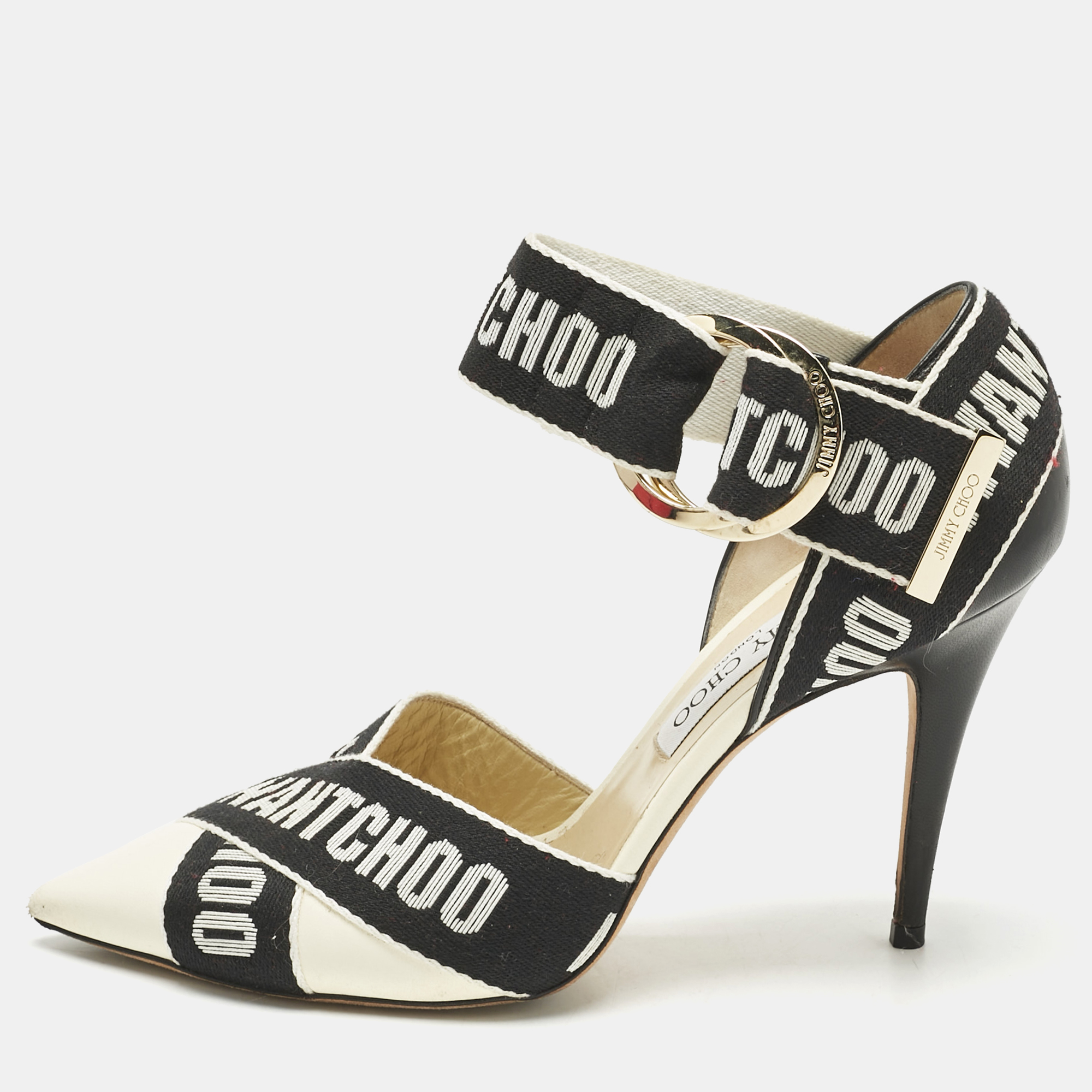 

Jimmy Choo Black Canvas and Leather Pointed Toe Ankle Strap Pumps Size