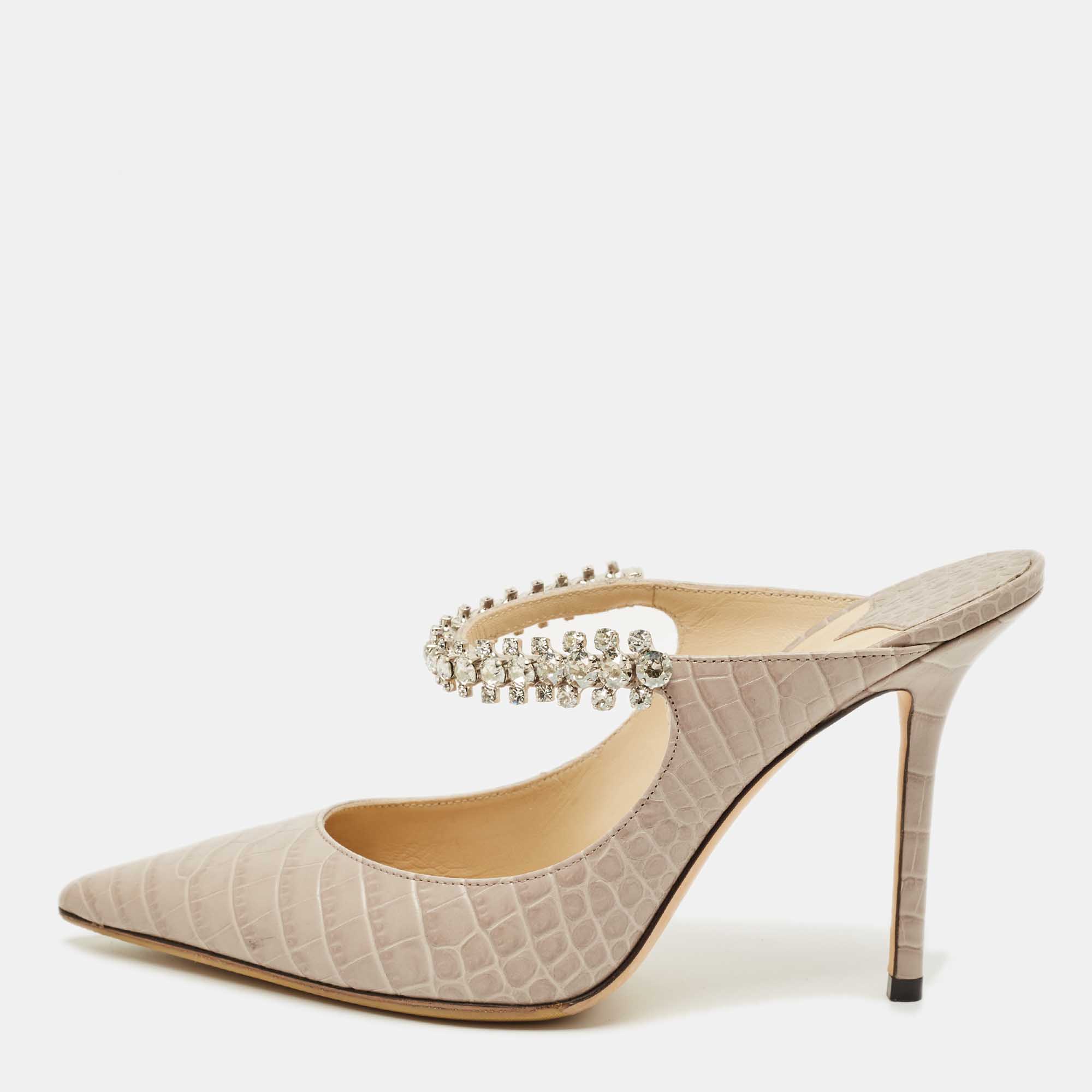 Pre-owned Jimmy Choo Grey Croc Embossed Leather Bing Mules Size 38.5 In Gray