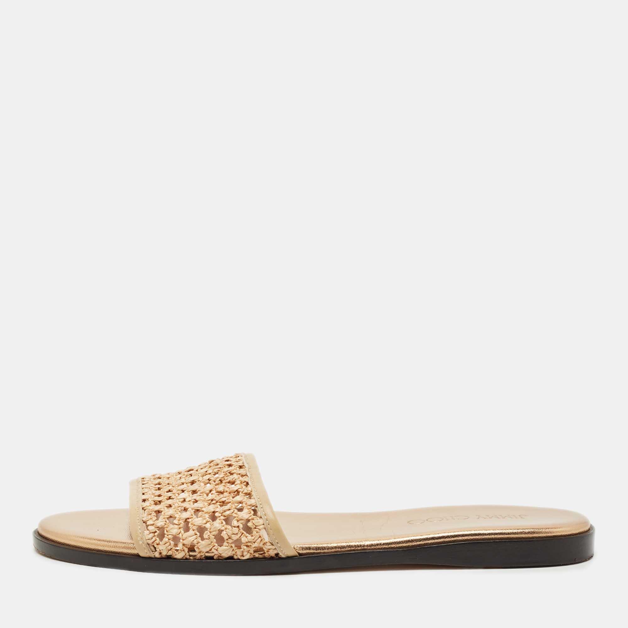 Pre-owned Jimmy Choo Beige Leather And Raffia Flat Slides Size 38 In Sand