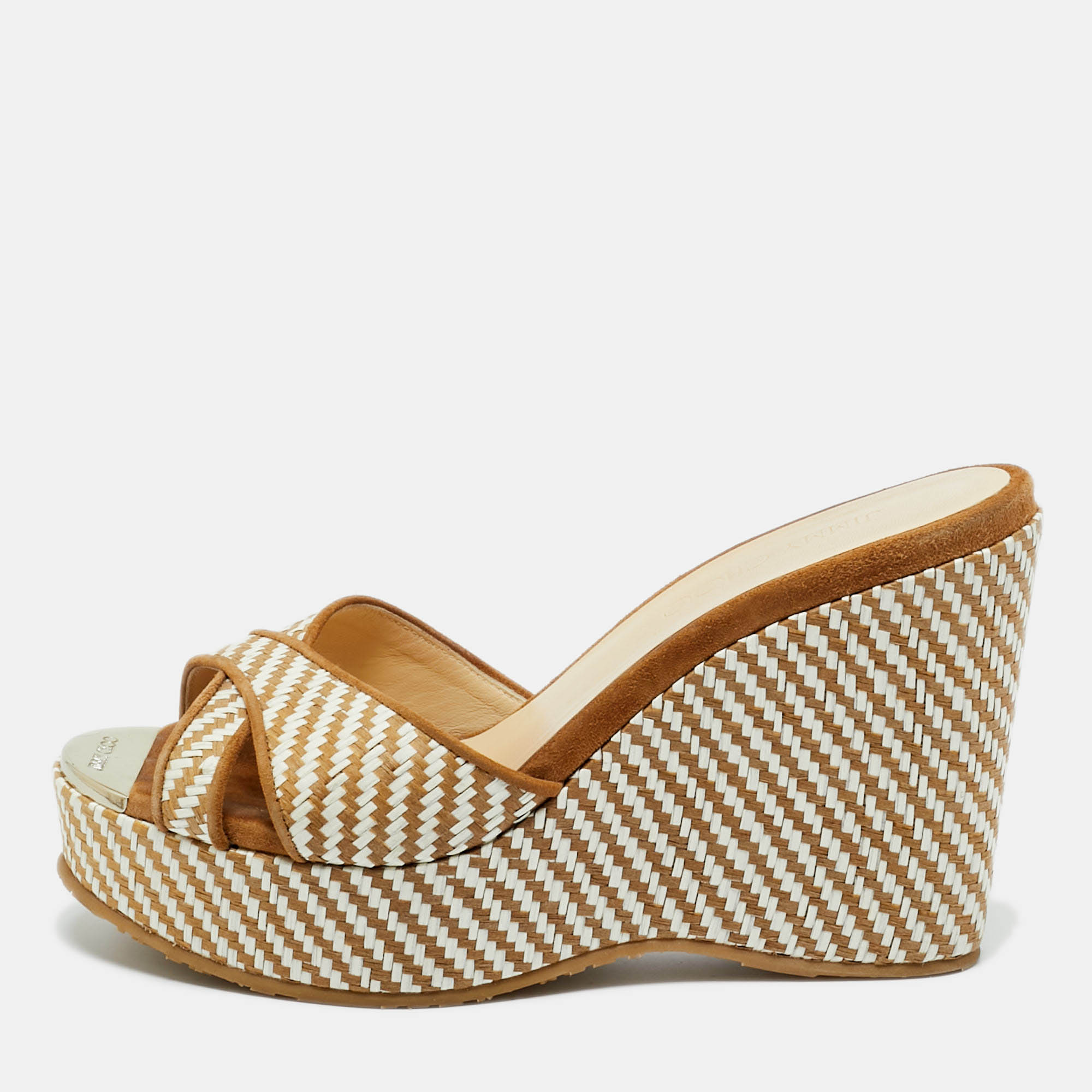 Pre-owned Jimmy Choo Beige Raffia And Suede Crisscross Wedge Sandals Size 37.5