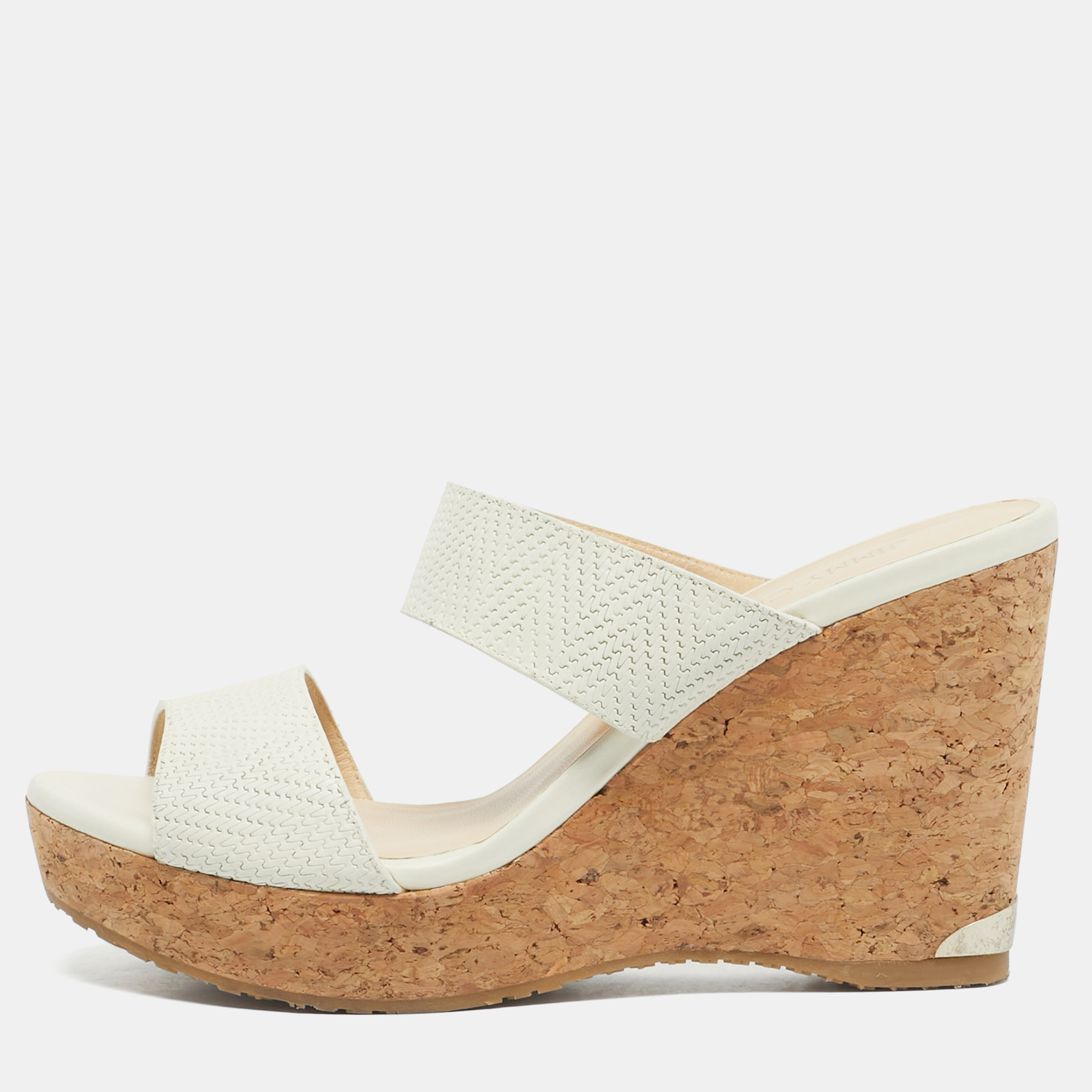 Pre-owned Jimmy Choo Cream Leather Prima Wedge Sandals Size 39.5 In White