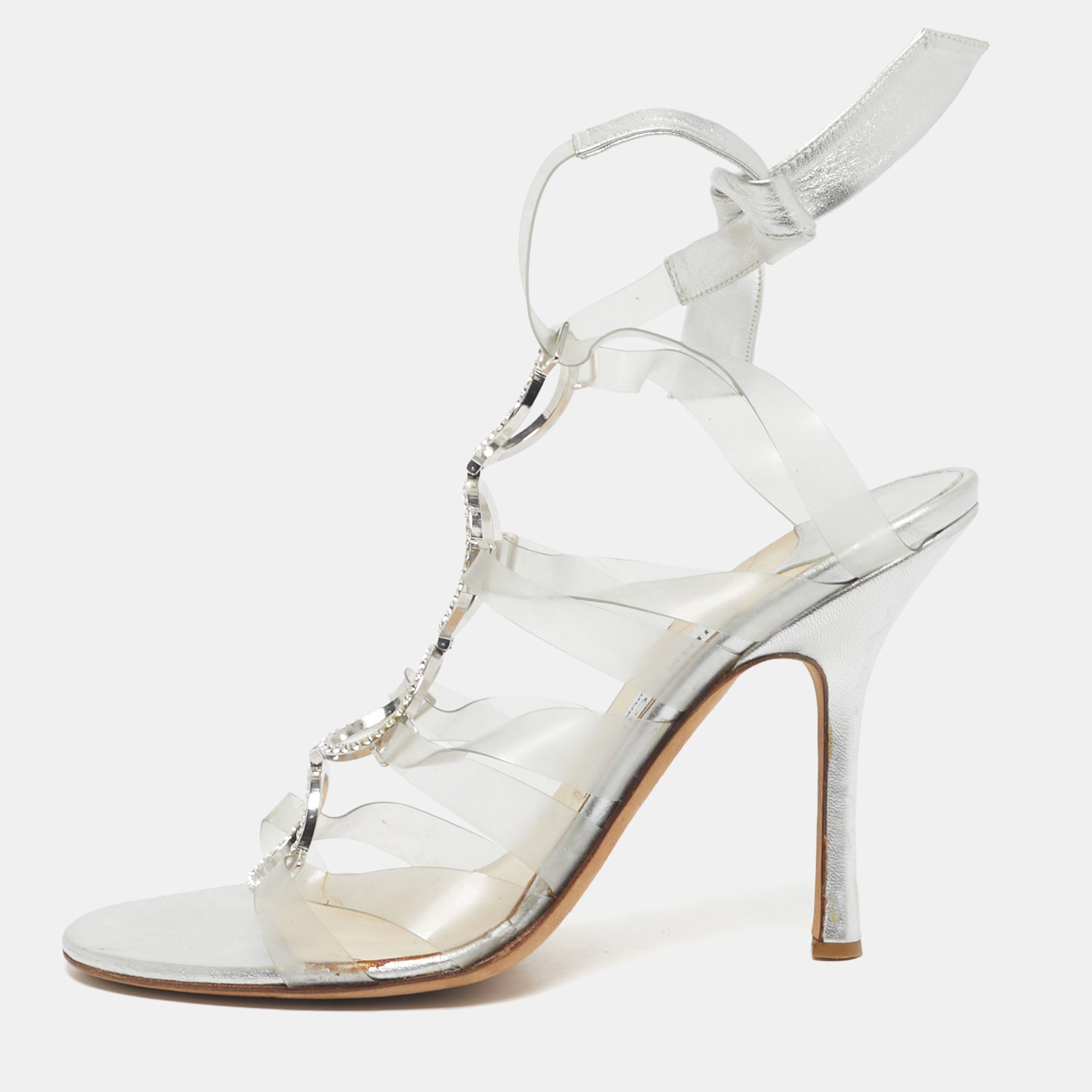 Pre-owned Jimmy Choo Silver Leather And Pvc Strappy Tie Up Sandals Size 39