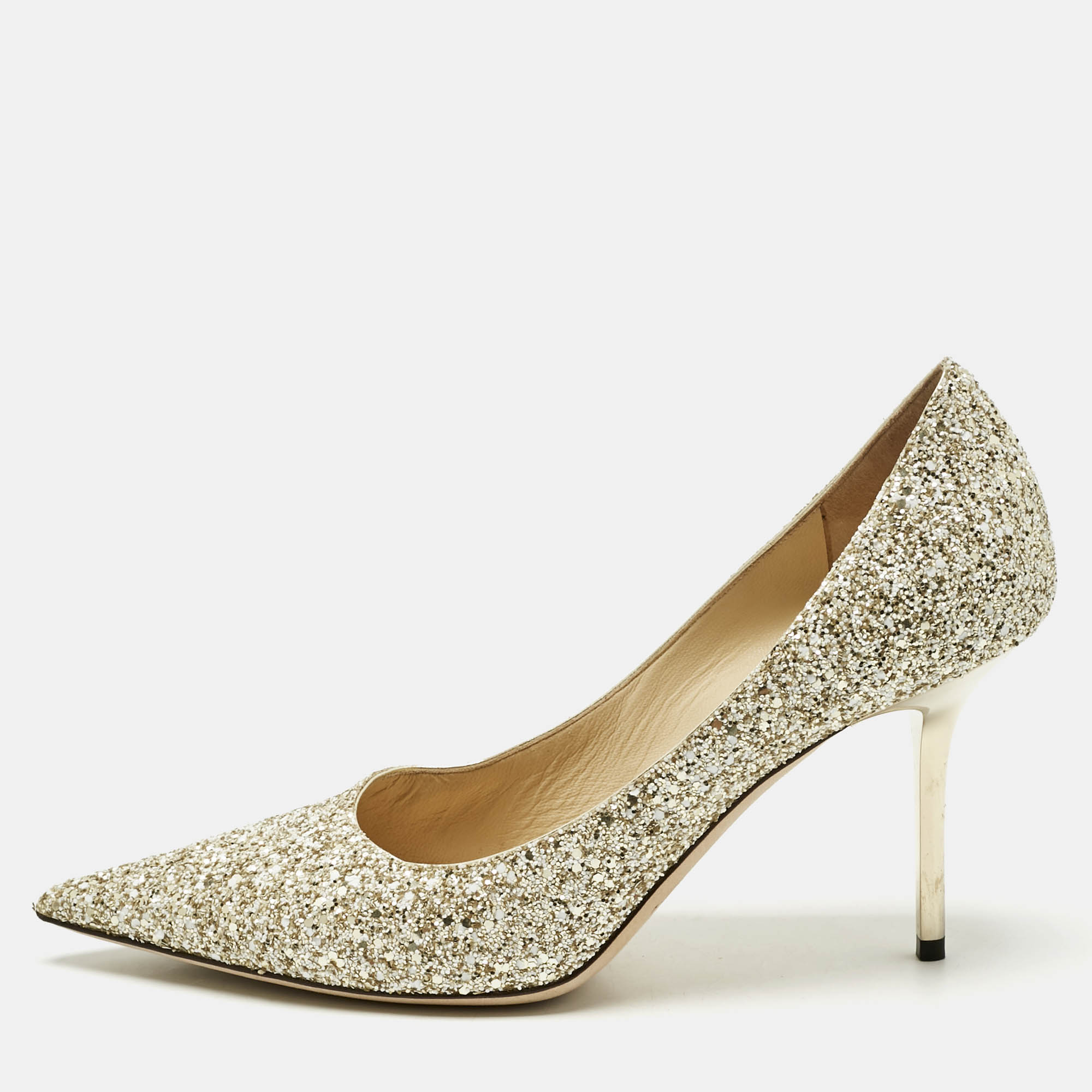 

Jimmy Choo Gold/White Coarse Glitter Romy Pointed Toe Pumps Size