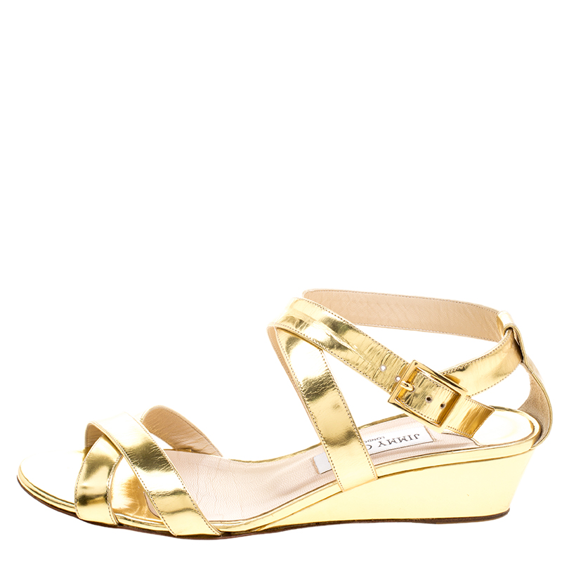 

Jimmy Choo Gold Patent Leather Connor Wedge Sandals Size