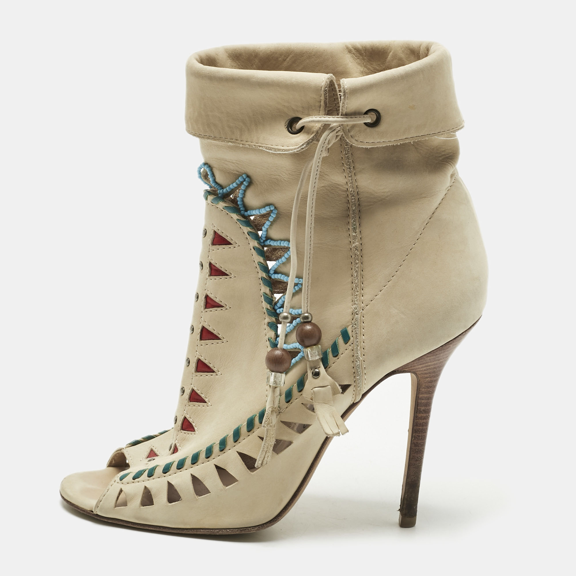Pre-owned Jimmy Choo Beige Suede Embellished 'zanzibar' Cut-out Booties Size 38 In Sand