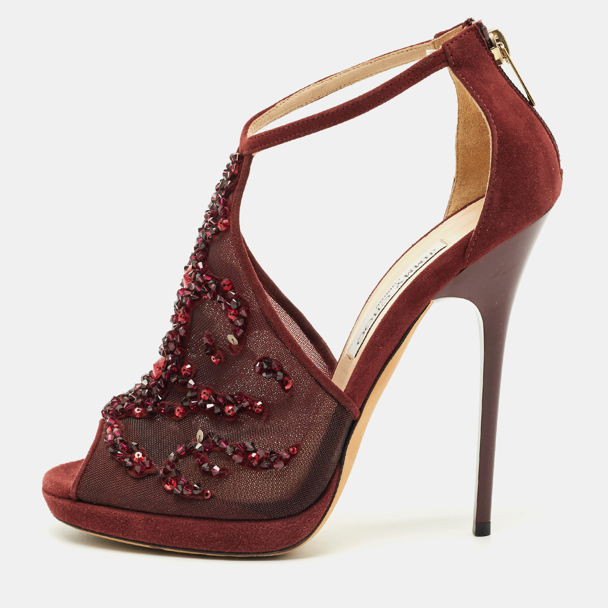Jimmy Choo Burgundy Mesh and Suede Crystal Embellished Ankle Strap Sandals Size 37.5