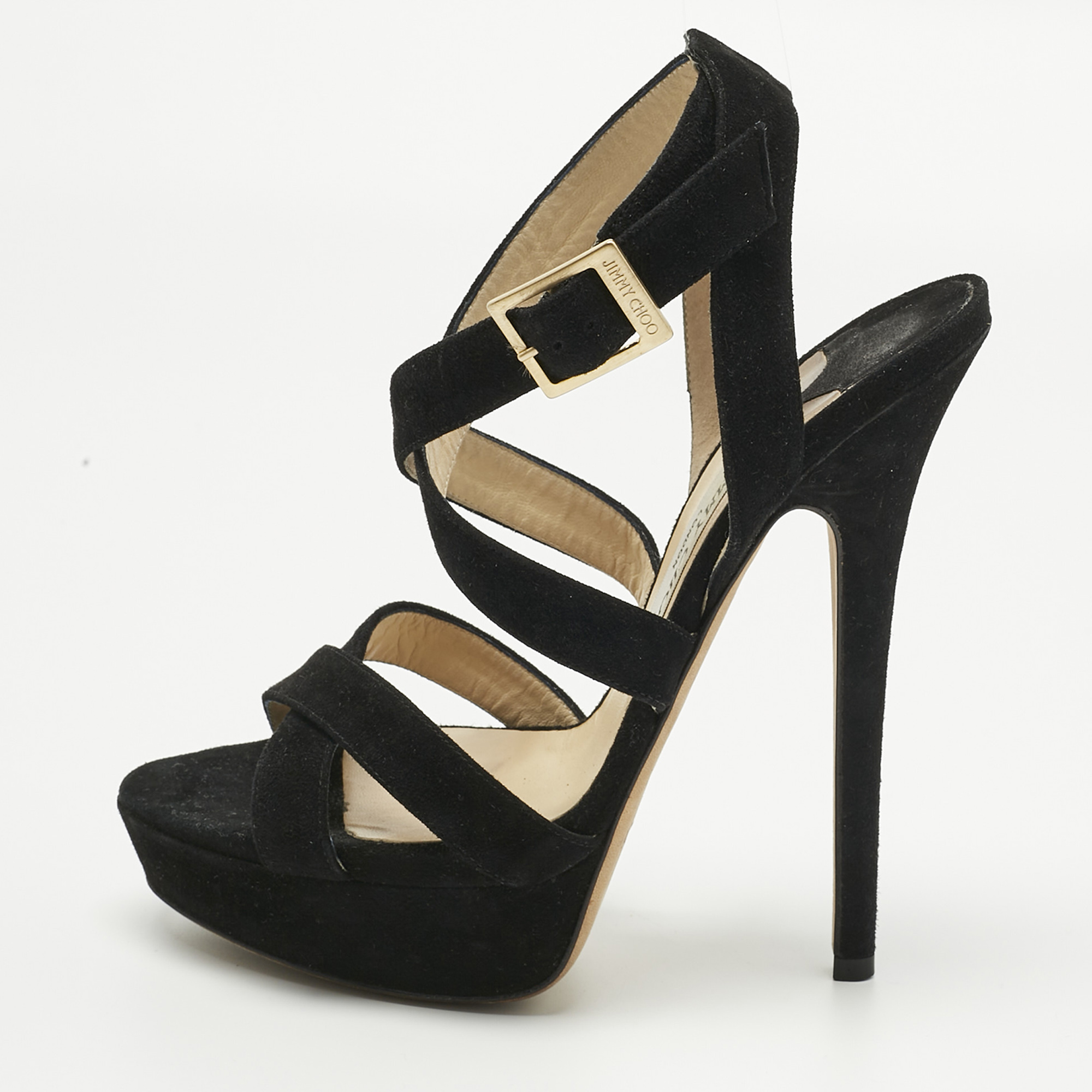 Pre-owned Jimmy Choo Black Suede Louise Crisscross Platform Sandals Size 38