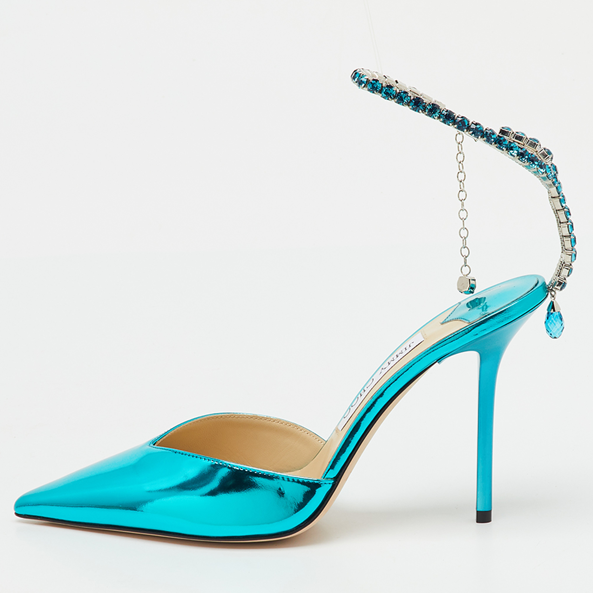 Pre-owned Jimmy Choo Blue Patent Leather Saeda Crystal Pointed Toe Pumps Size 38.5