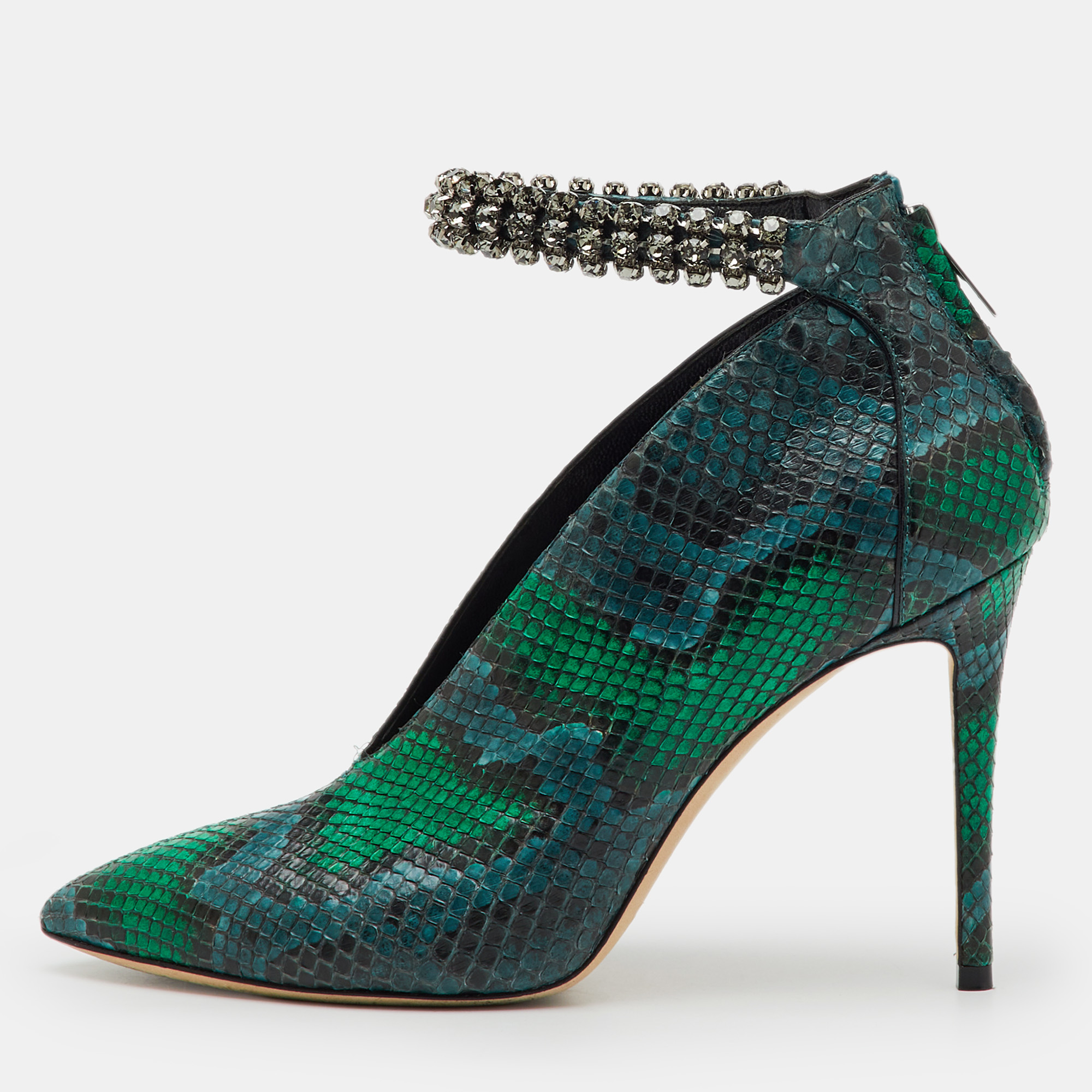 Pre-owned Jimmy Choo Green/blue Snakeskin Vamp Crystal Embellished Ankle Strap Pumps Size 38