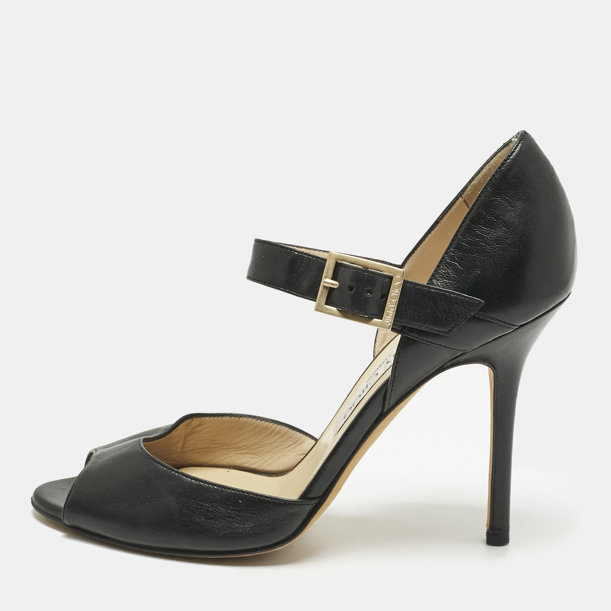 

Jimmy Choo Black Leather Peep Toe Ankle Strap Sandals Size 37