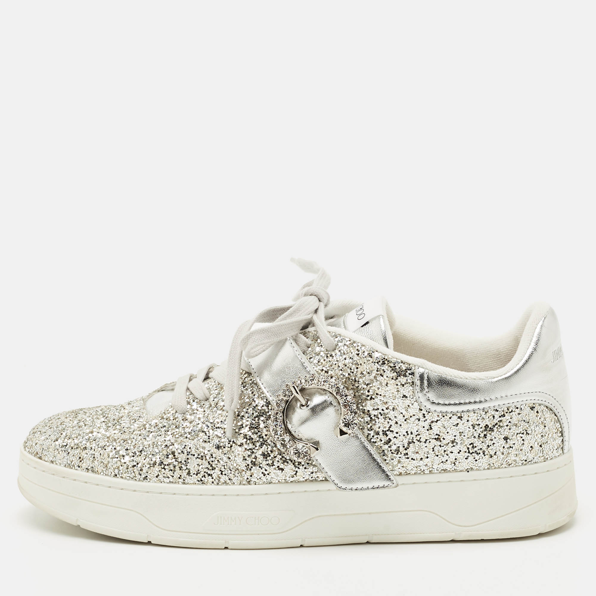 

Jimmy Choo Silver Glitter and Leather Osaka Sneakers Size