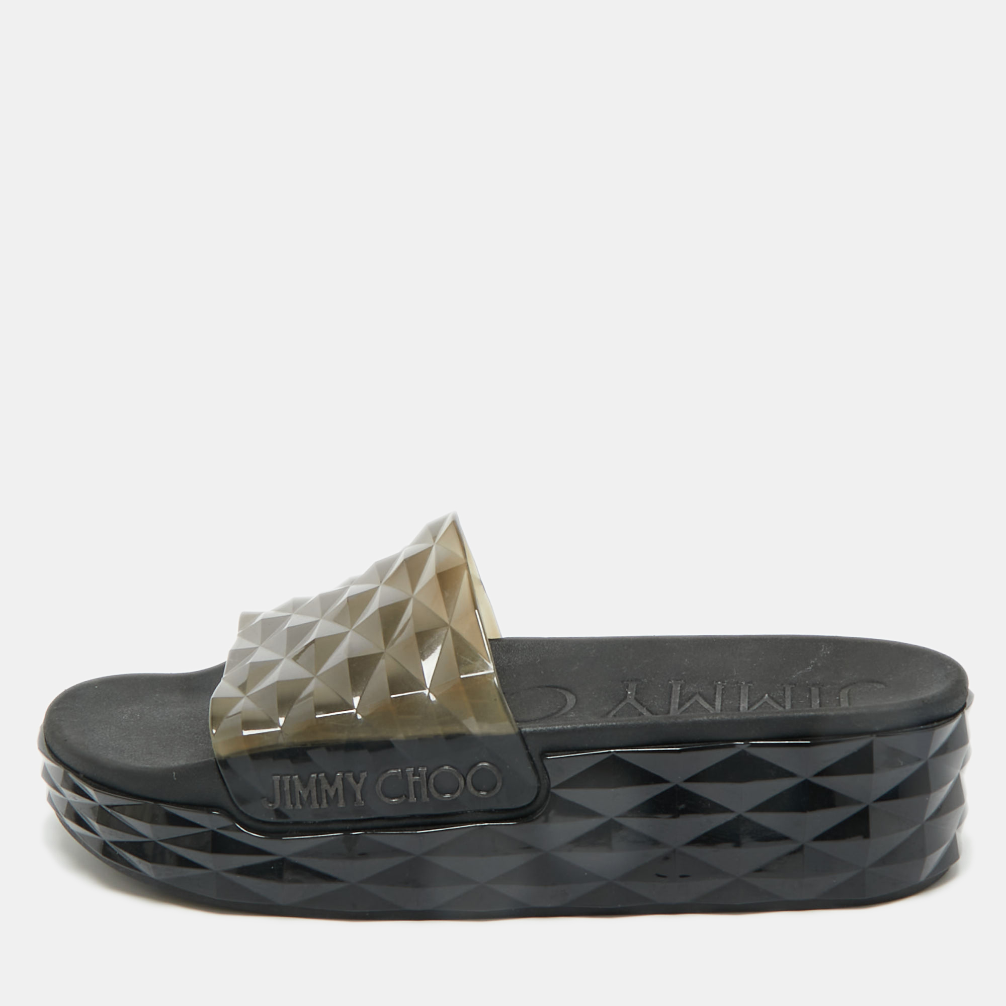 Jimmy Choo Grey Rubber Diamond Flat Sandals Size 38