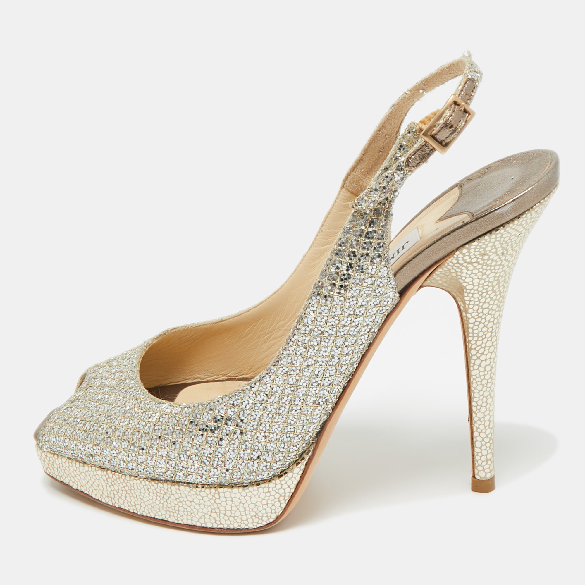 Pre-owned Jimmy Choo Gold Glitter Accents Peep Toe Slingback Pumps Size 36