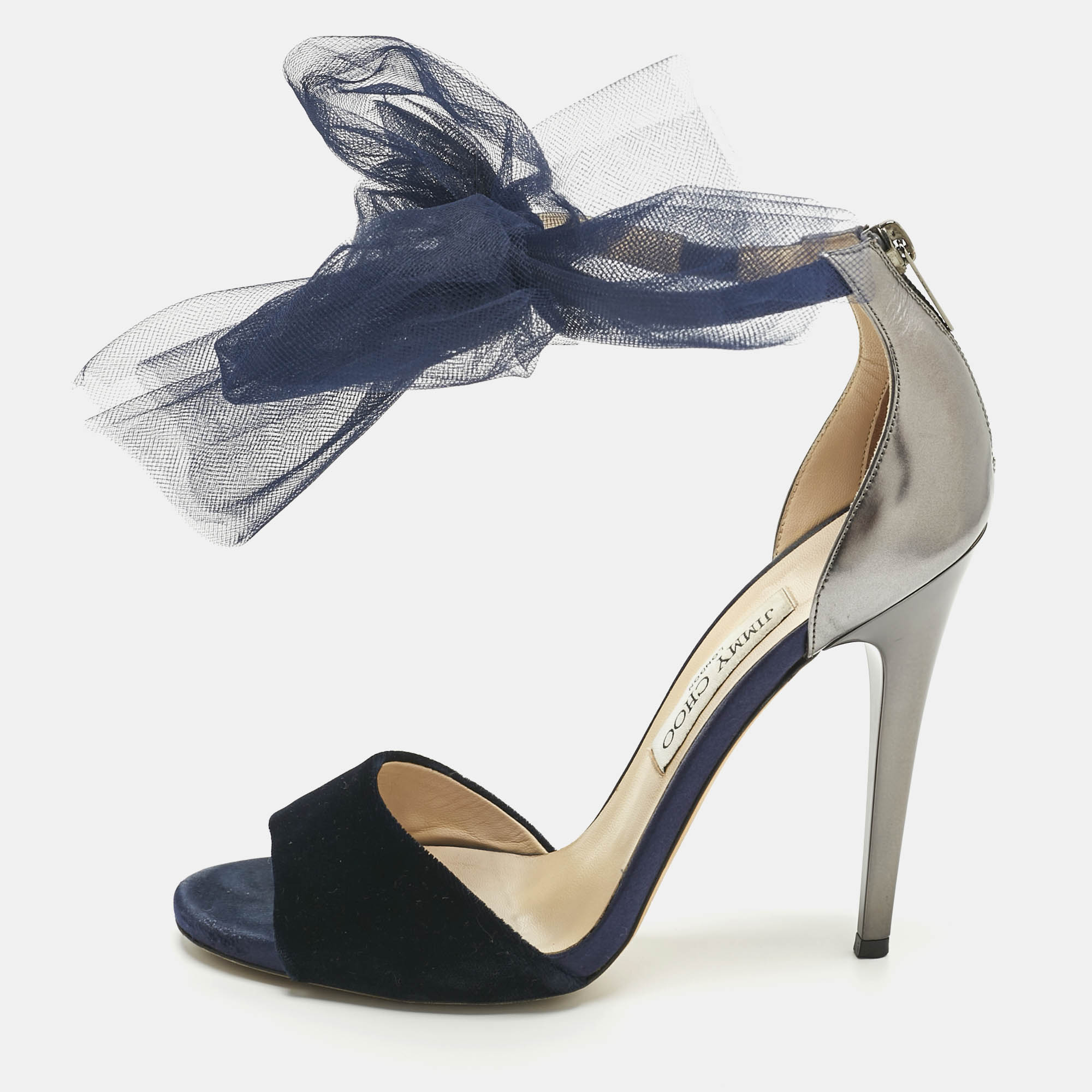 Jimmy Choo Blue/Grey Velvet And Leather Bow Lilyth Ankle Strap Sandals Size 39.5