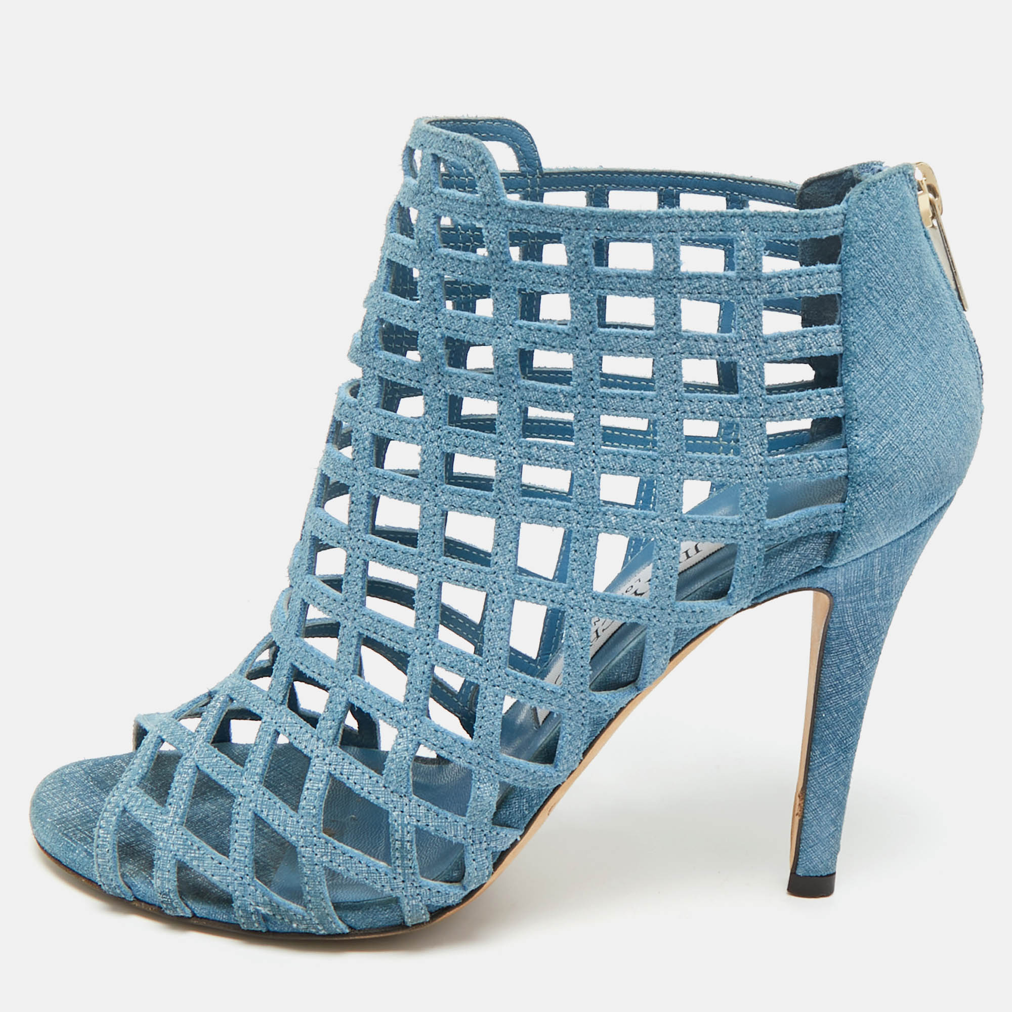 

Jimmy Choo Blue Denim Dassa Peep Toe Cage Ankle Boots Size