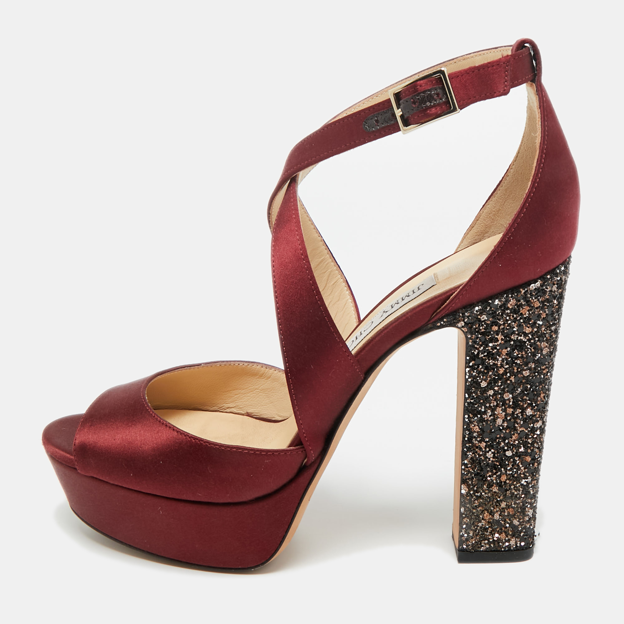 

Jimmy Choo Burgundy Satin and Glitter April Platform Sandals Size