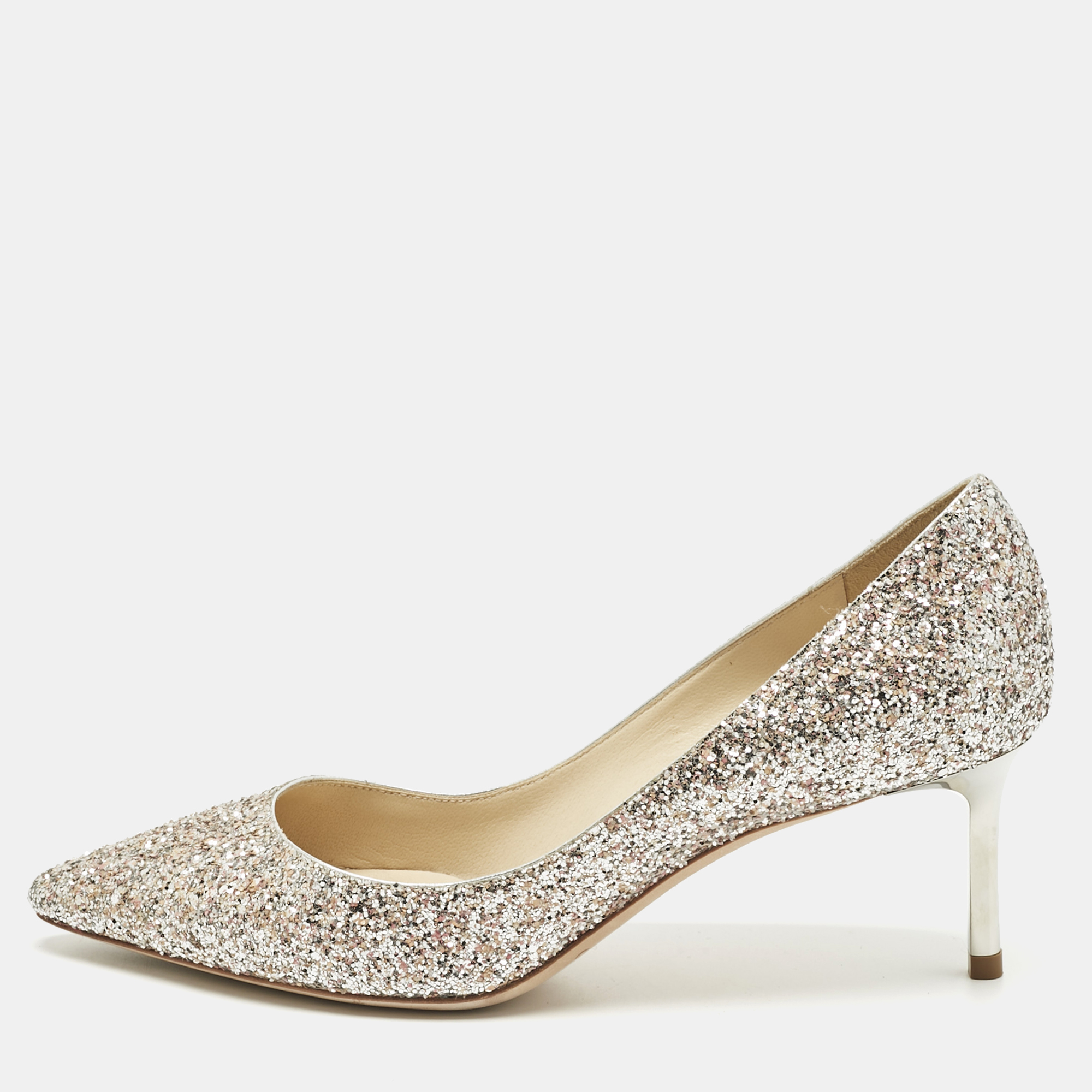 Pre-owned Jimmy Choo Two Tone Glitter Romy Pumps Size 36.5 In Silver