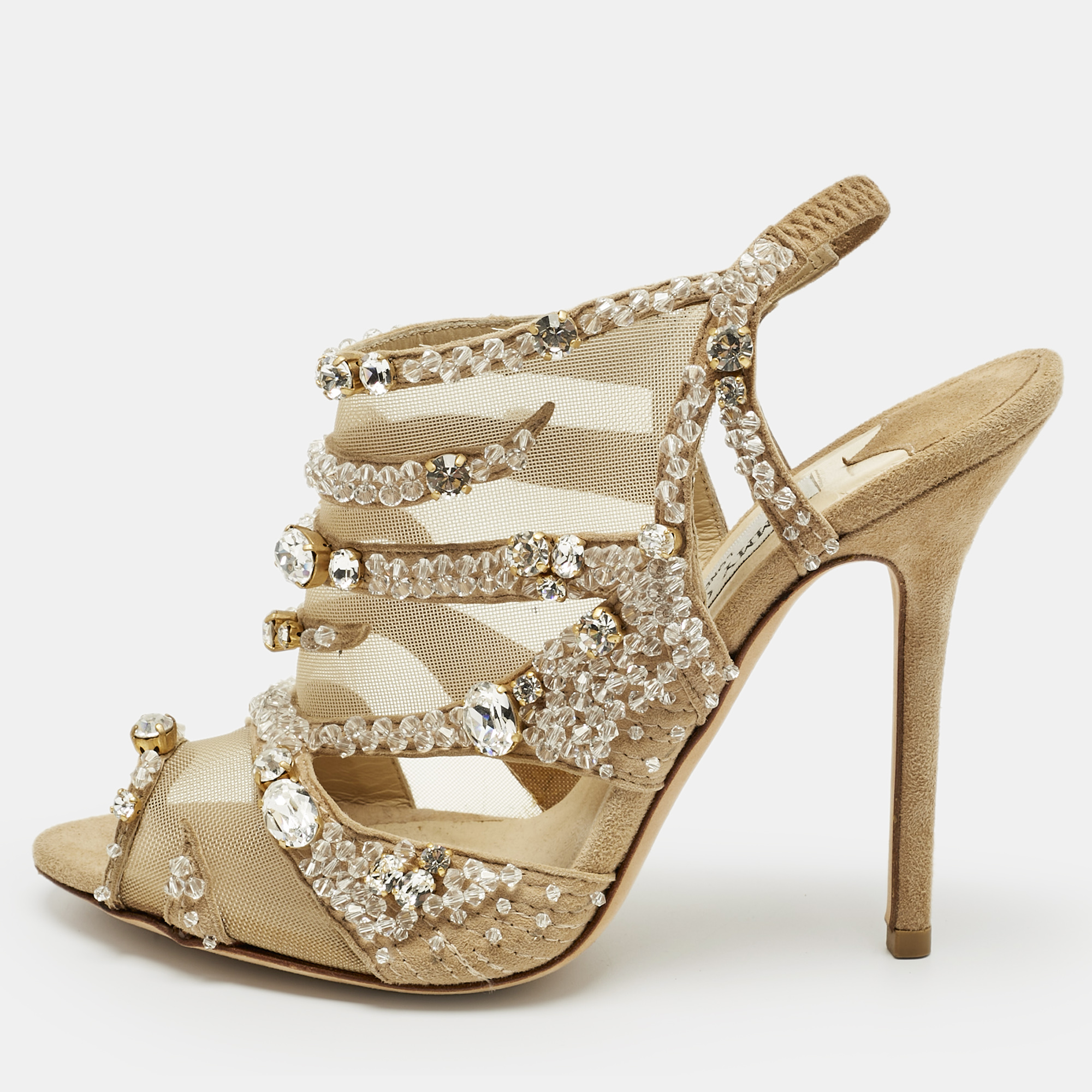 Pre-owned Jimmy Choo Beige Mesh And Suede Crystal Embellished Slingback Sandals Size 37