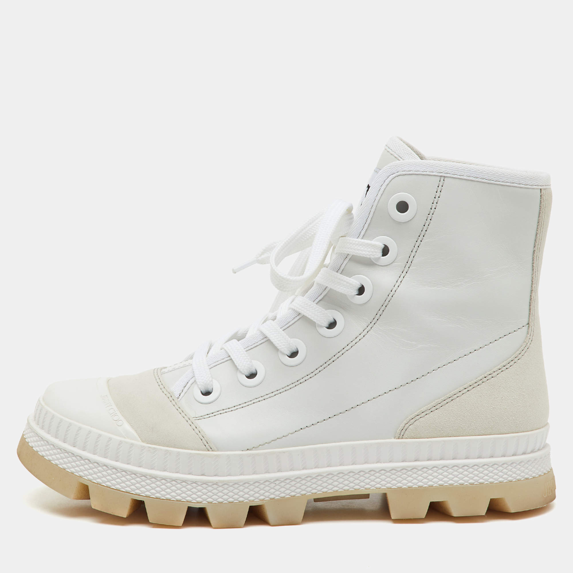 Pre-owned Jimmy Choo White Leather And Suede High Top Sneakers Size 38.5