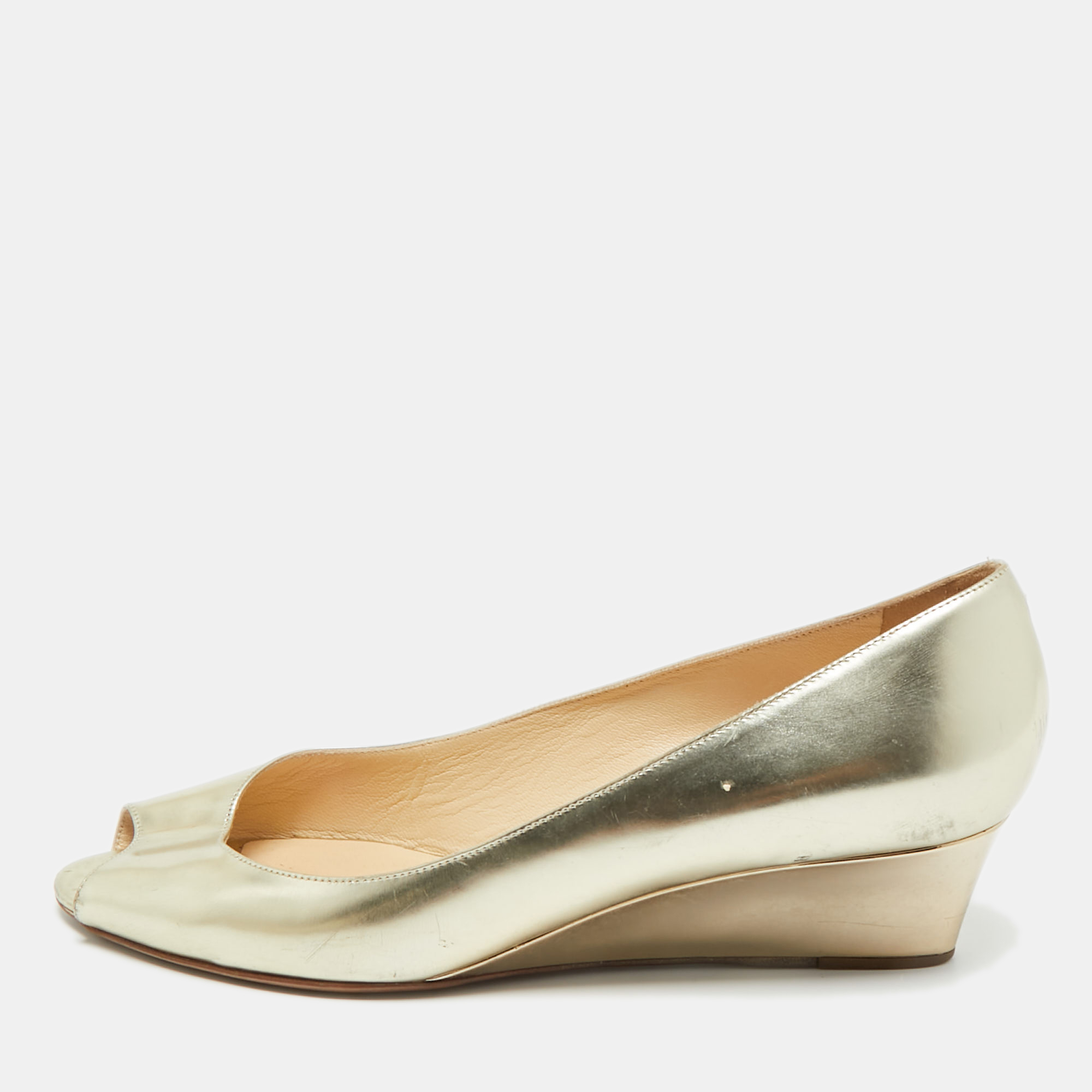 Pre-owned Jimmy Choo Metallic Gold Leather Baxen Wedge Peep Toe Pumps 39