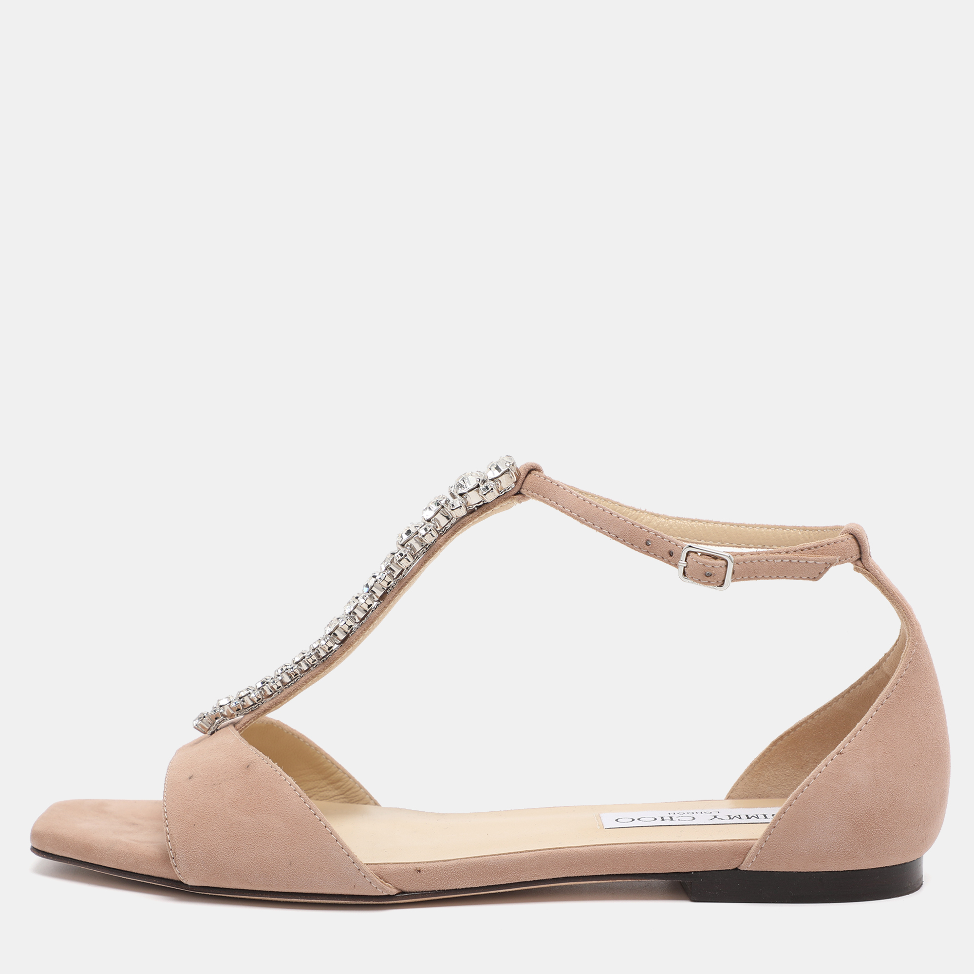 Pre-owned Jimmy Choo Beige Suede Bella Ankle Strap Flats Size 38.5 In Sand