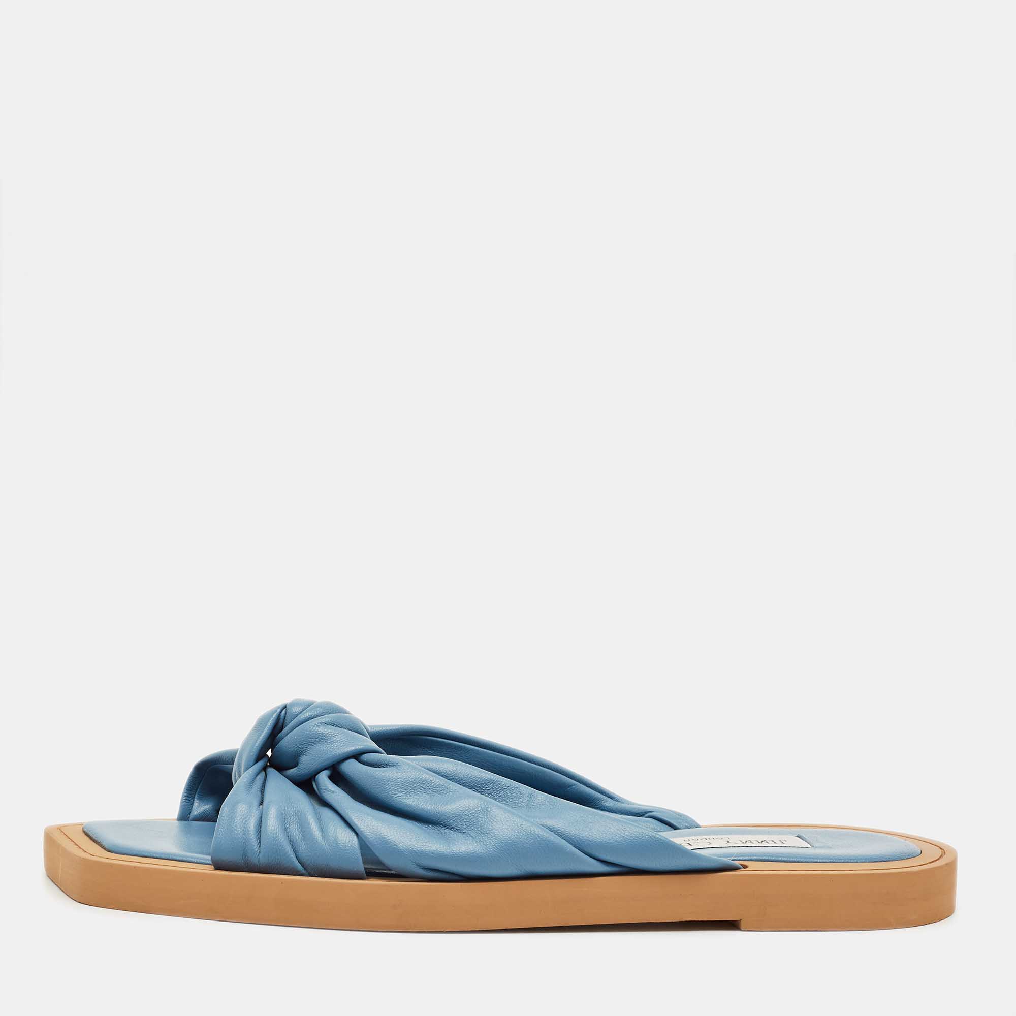 Pre-owned Jimmy Choo Blue Leather Bow Flat Slides Size 41