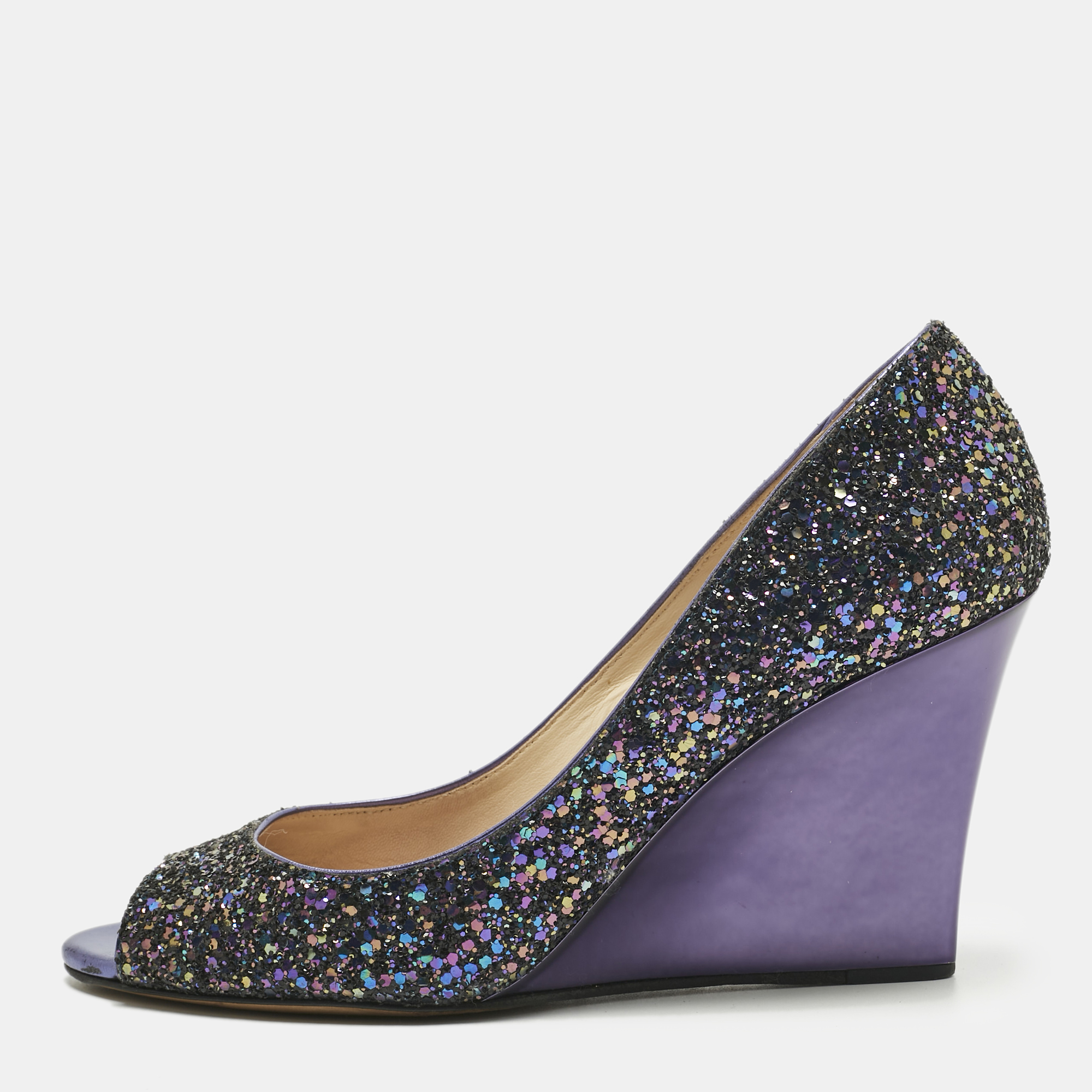 Pre-owned Jimmy Choo Purple Glitter Baxen Peep Toe Wedge Pumps Size 38.5