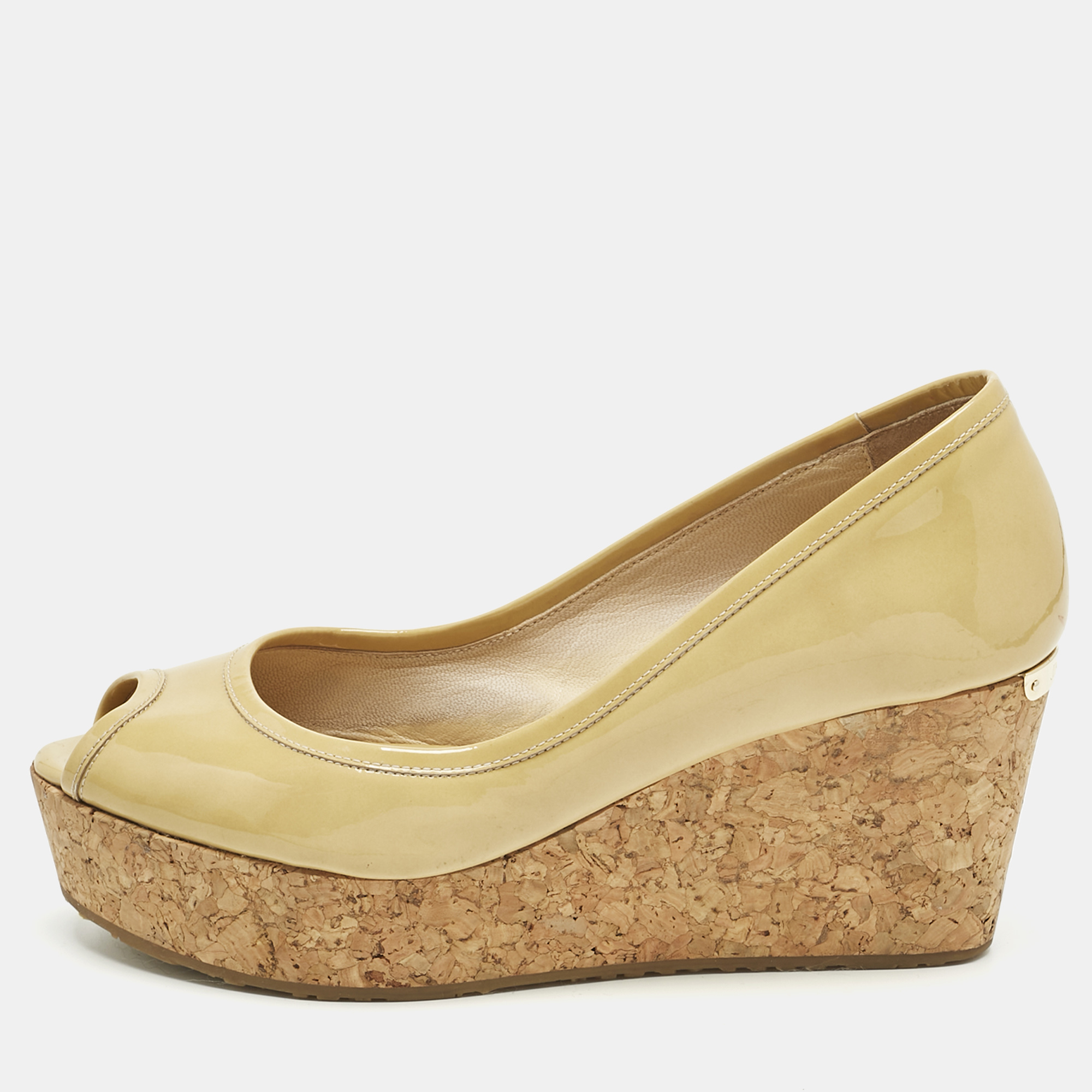 

Jimmy Choo Beige Patent Leather Cork Wedge Papina Pumps Size