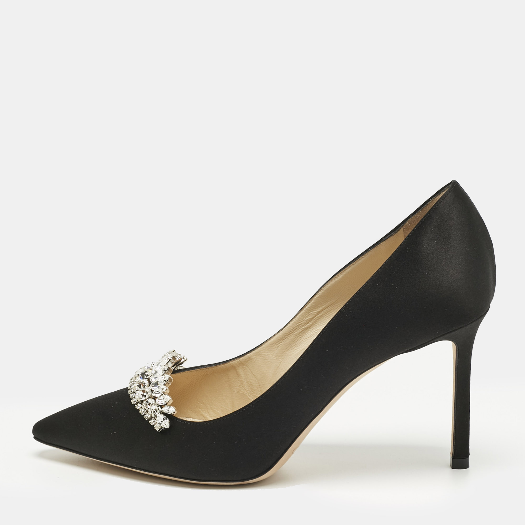 Pre-owned Jimmy Choo Black Satin Crystal Embellished Romy Pointed Toe Pumps Size 38.5