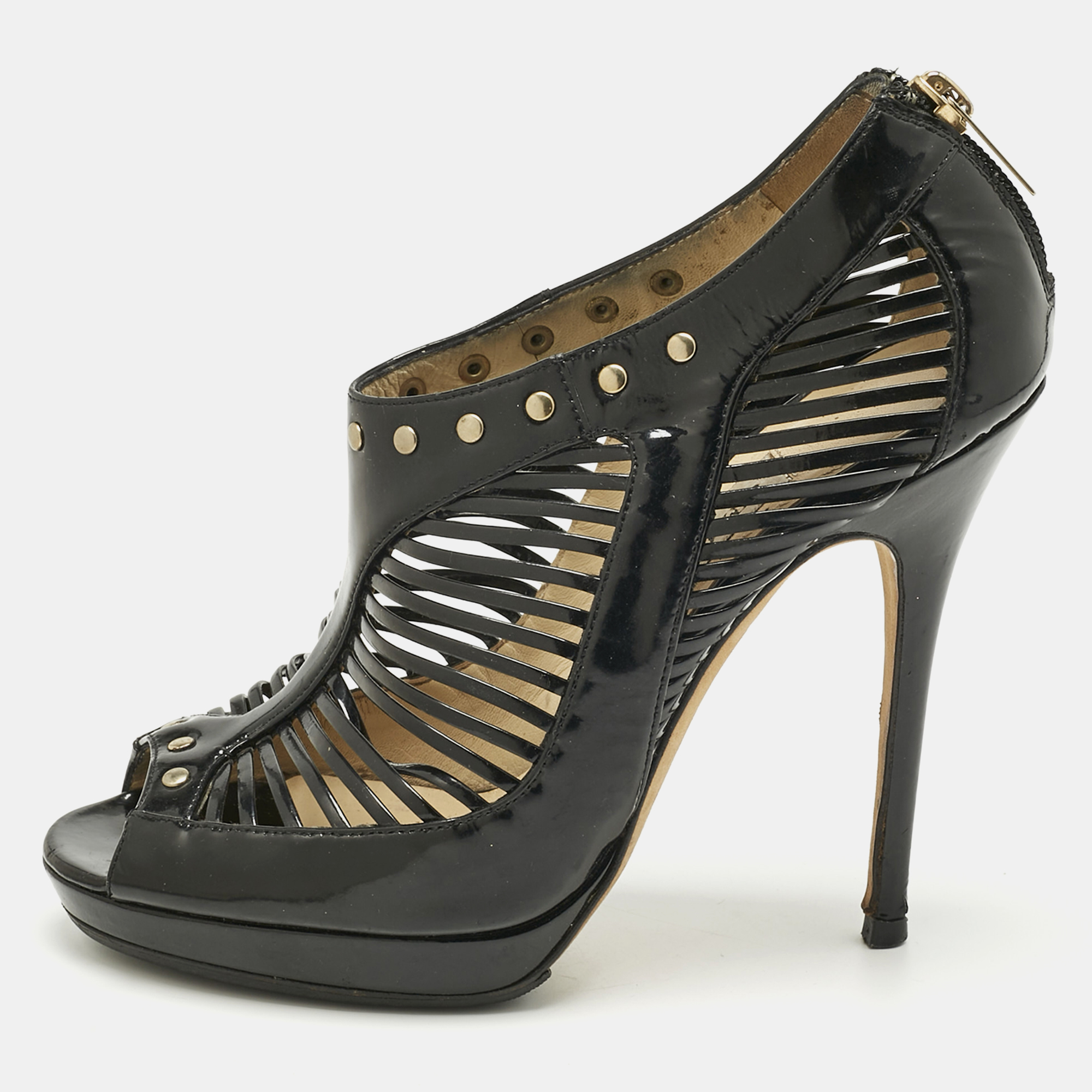 Pre-owned Jimmy Choo Black Patent Leather Caged Open Toe Pumps Size 38