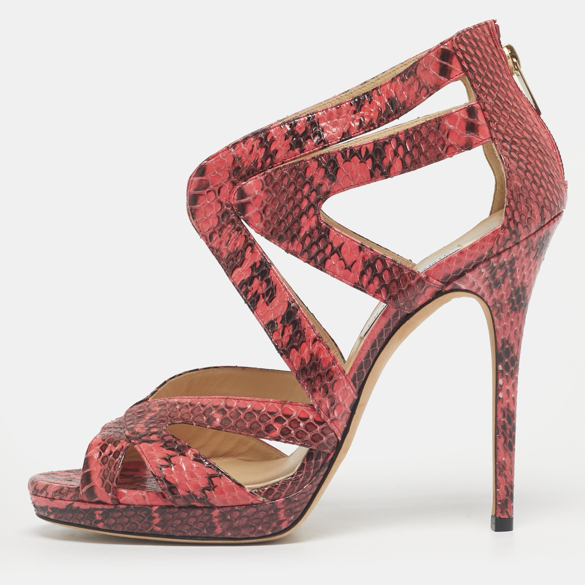 Pre-owned Jimmy Choo Pink/black Python Collar Platform Sandals Size 41