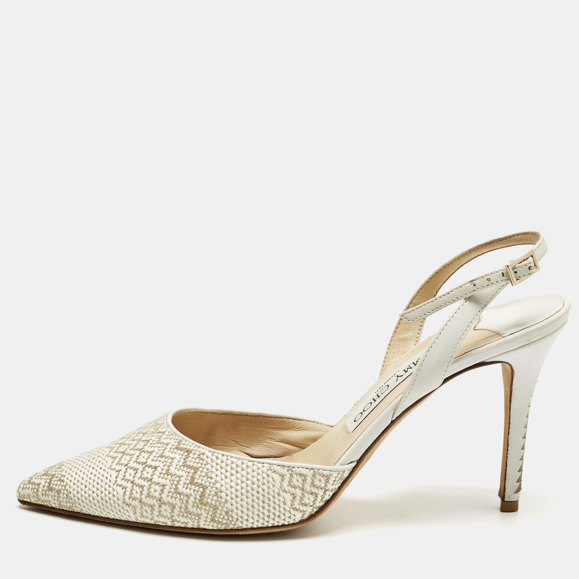 Pre-owned Jimmy Choo White/cream Woven Tilly Pointed Toe Slingback Pumps Size 39