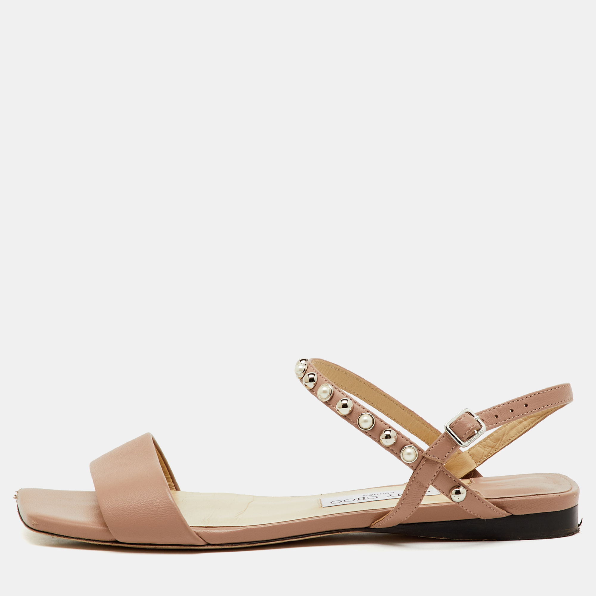 Pre-owned Jimmy Choo Beige Leather Aadra Ankle Strap Flat Sandals Size 40