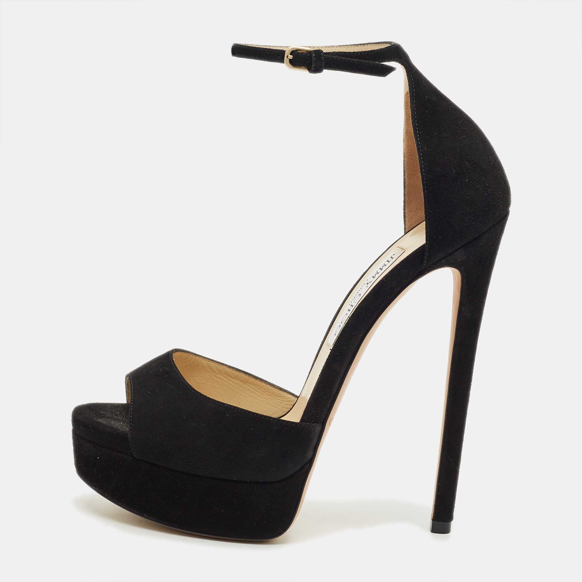 Pre-owned Jimmy Choo Black Suede Annie Ankle Strap Platform Pumps Size 38.5