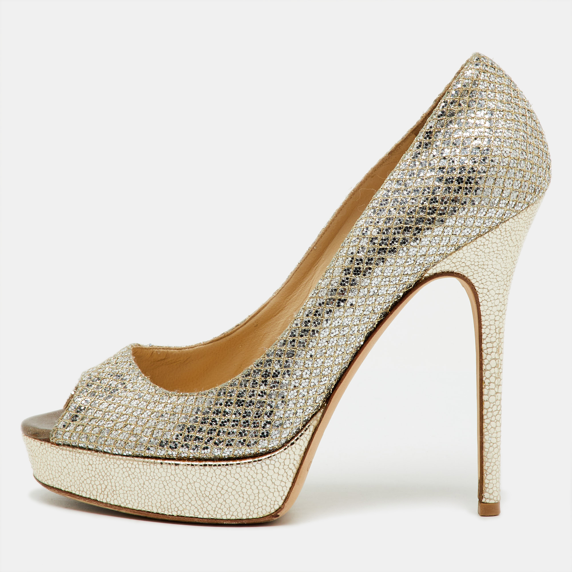 Pre-owned Jimmy Choo Metallic Gold Glitter Fabric Dahlia Peep Toe Platform Pumps Size 38.5 In Silver
