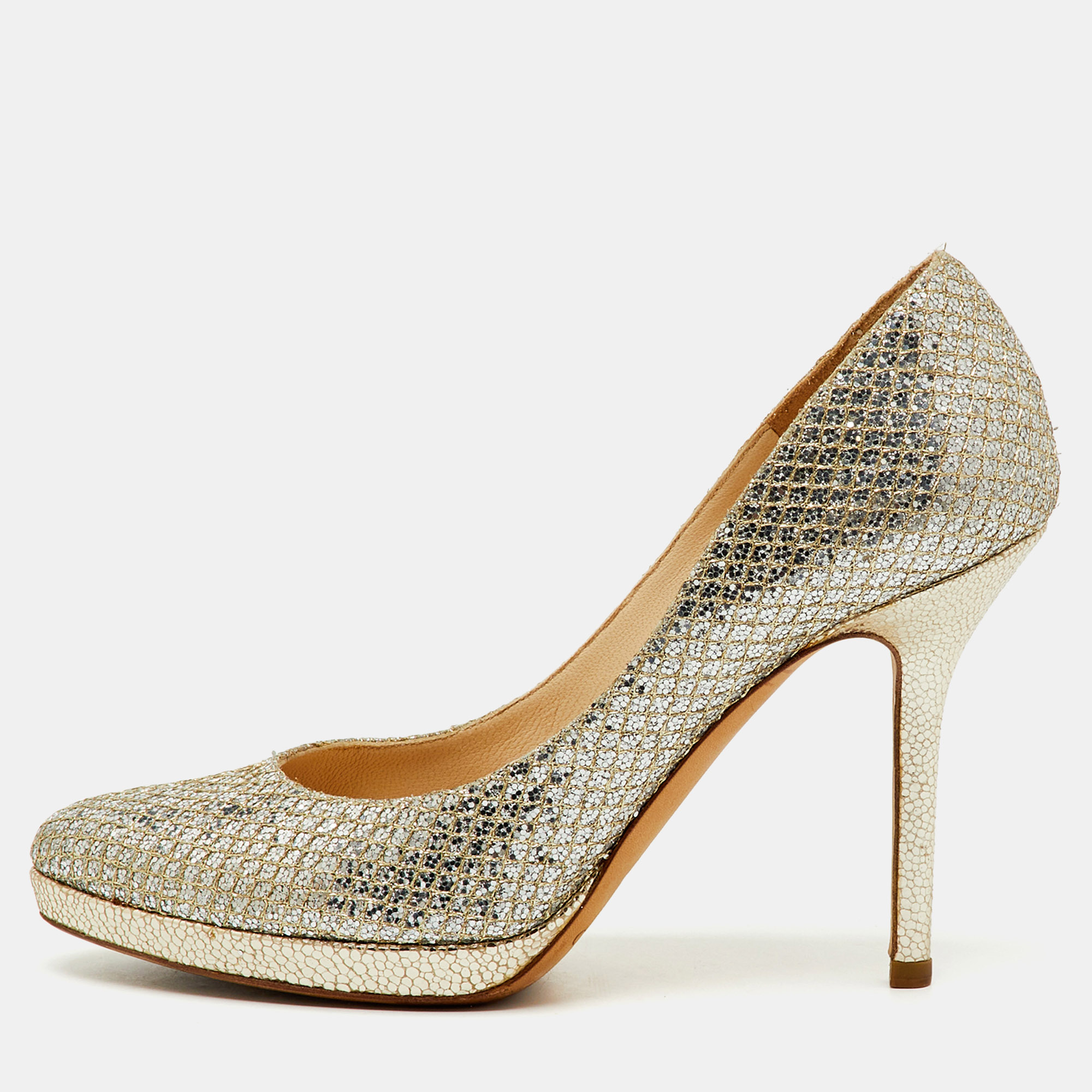 

Jimmy Choo Metallic Gold Coarse Glitter Hope Pumps Size