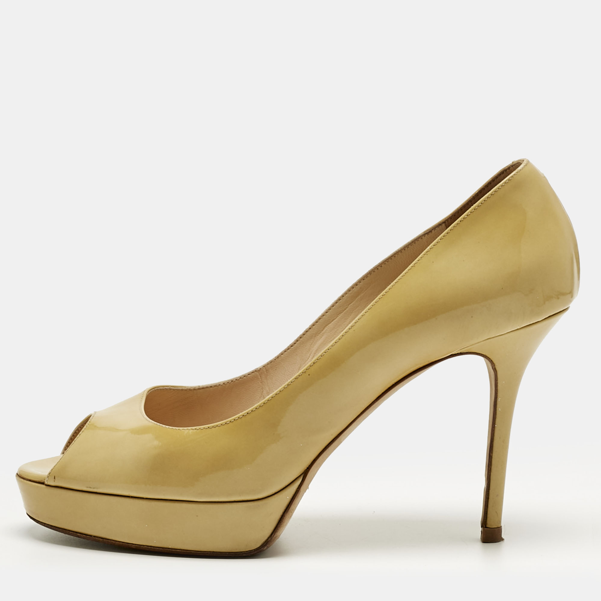 Pre-owned Jimmy Choo Beige Patent Leather Crown Peep Toe Platform Pumps Size 40.5 In Sand