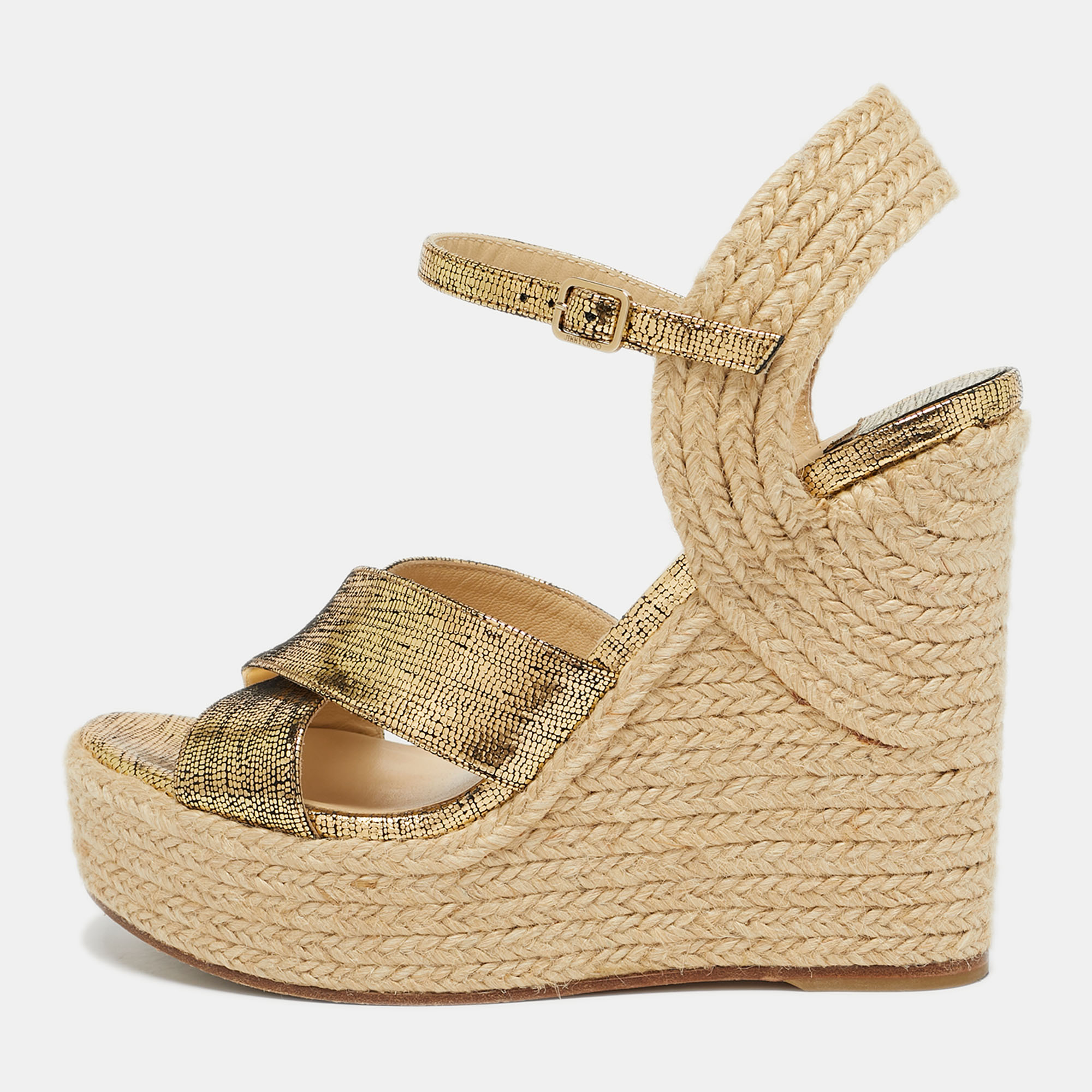 Pre-owned Jimmy Choo Gold Foil Leather Espadrille Wedge Sandals Size 37