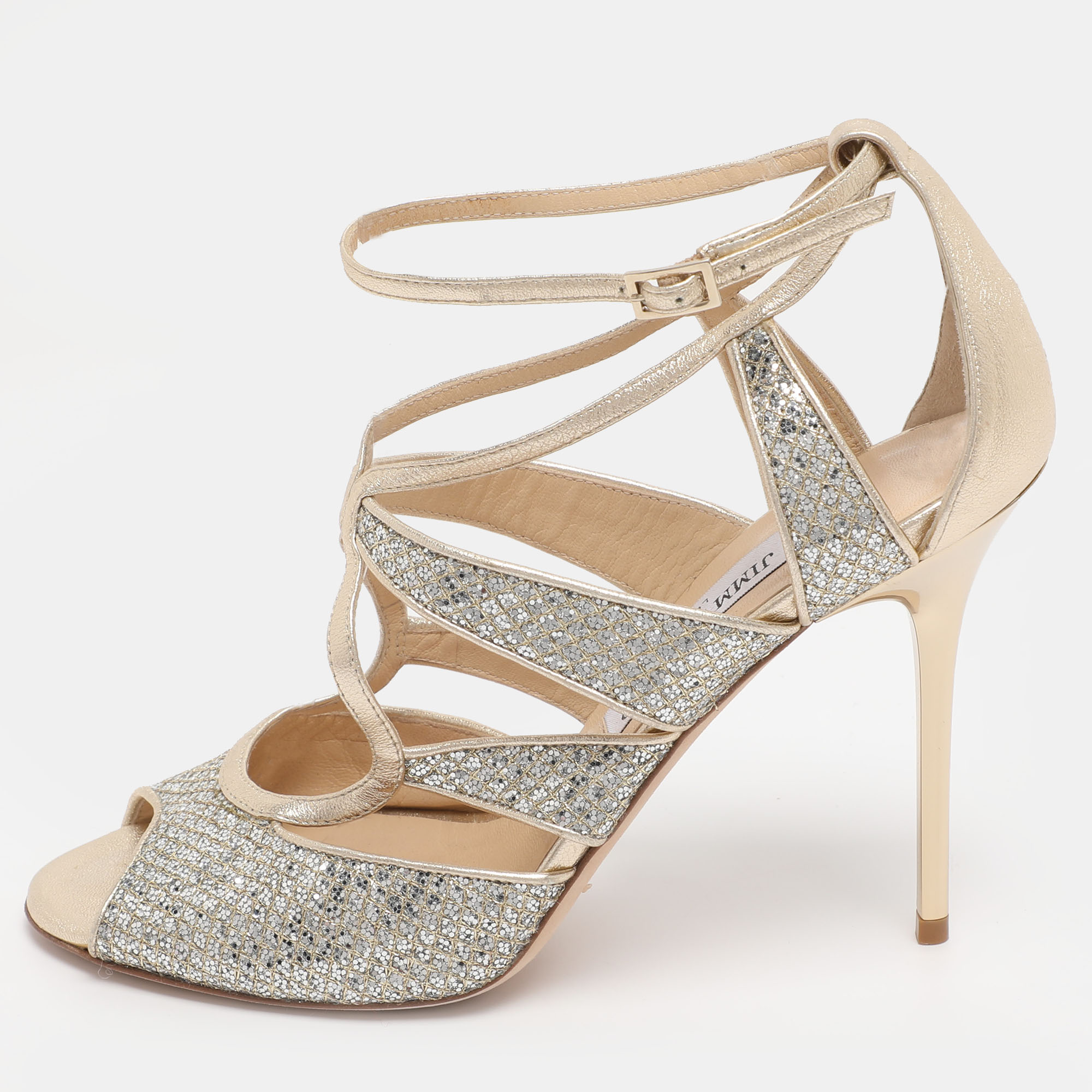 Pre-owned Jimmy Choo Gold Glitter And Lame Fabric Kelsey Strappy Sandals Size 39