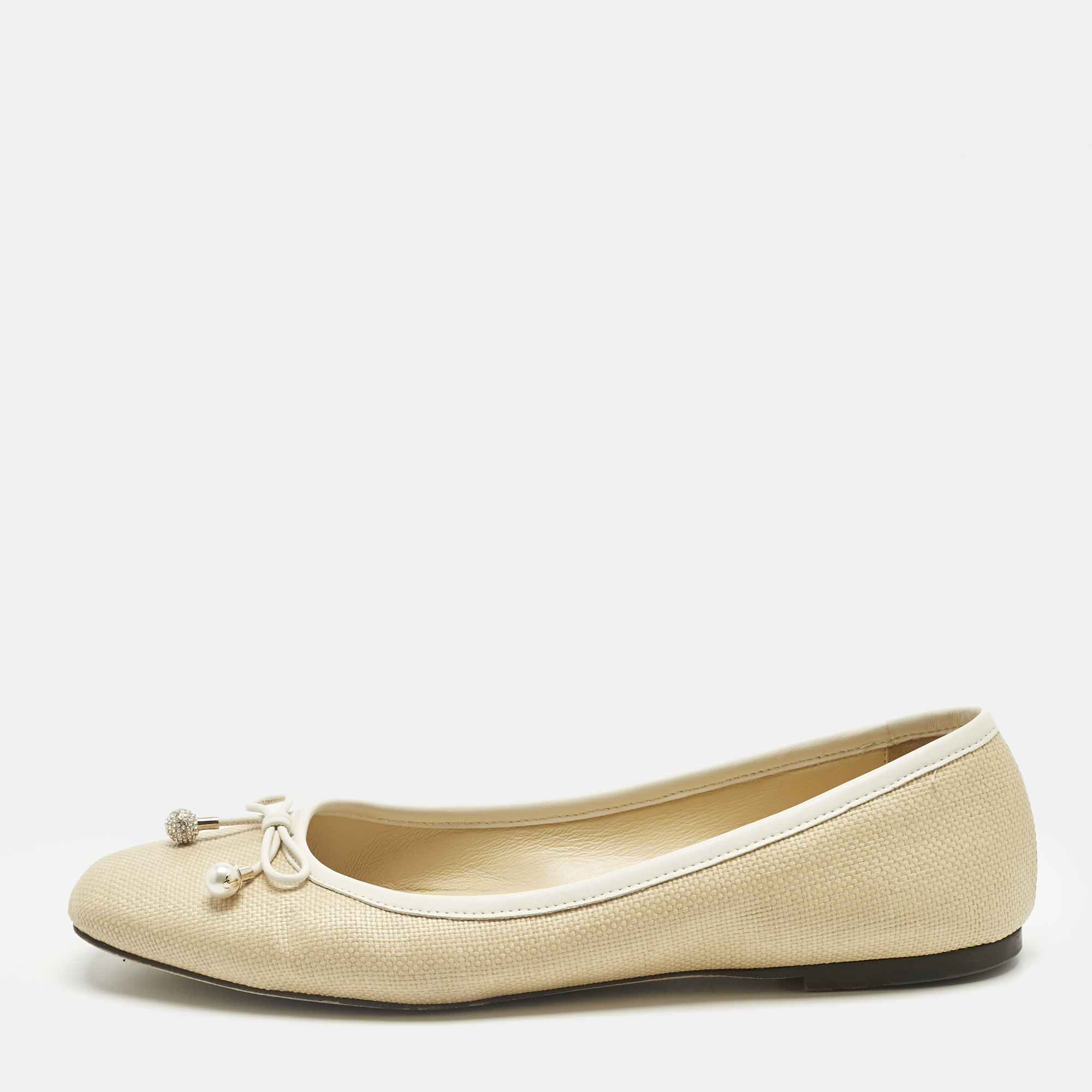 Pre-owned Jimmy Choo Beige/white Leather And Raffia Elme Bow Ballet Flats Size 40 In Sand