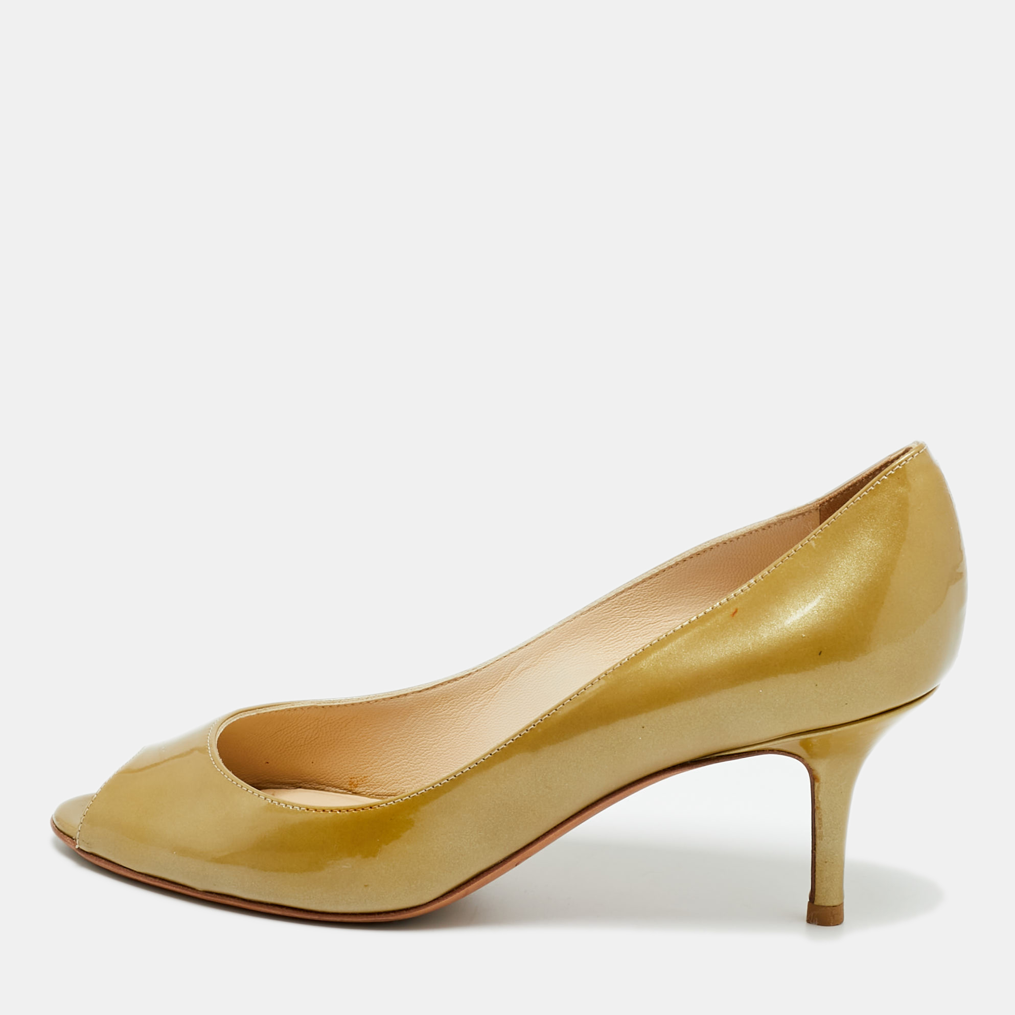Pre-owned Jimmy Choo Metallic Patent Leather Evelyn Peep Toe Pumps Size 36 In Silver