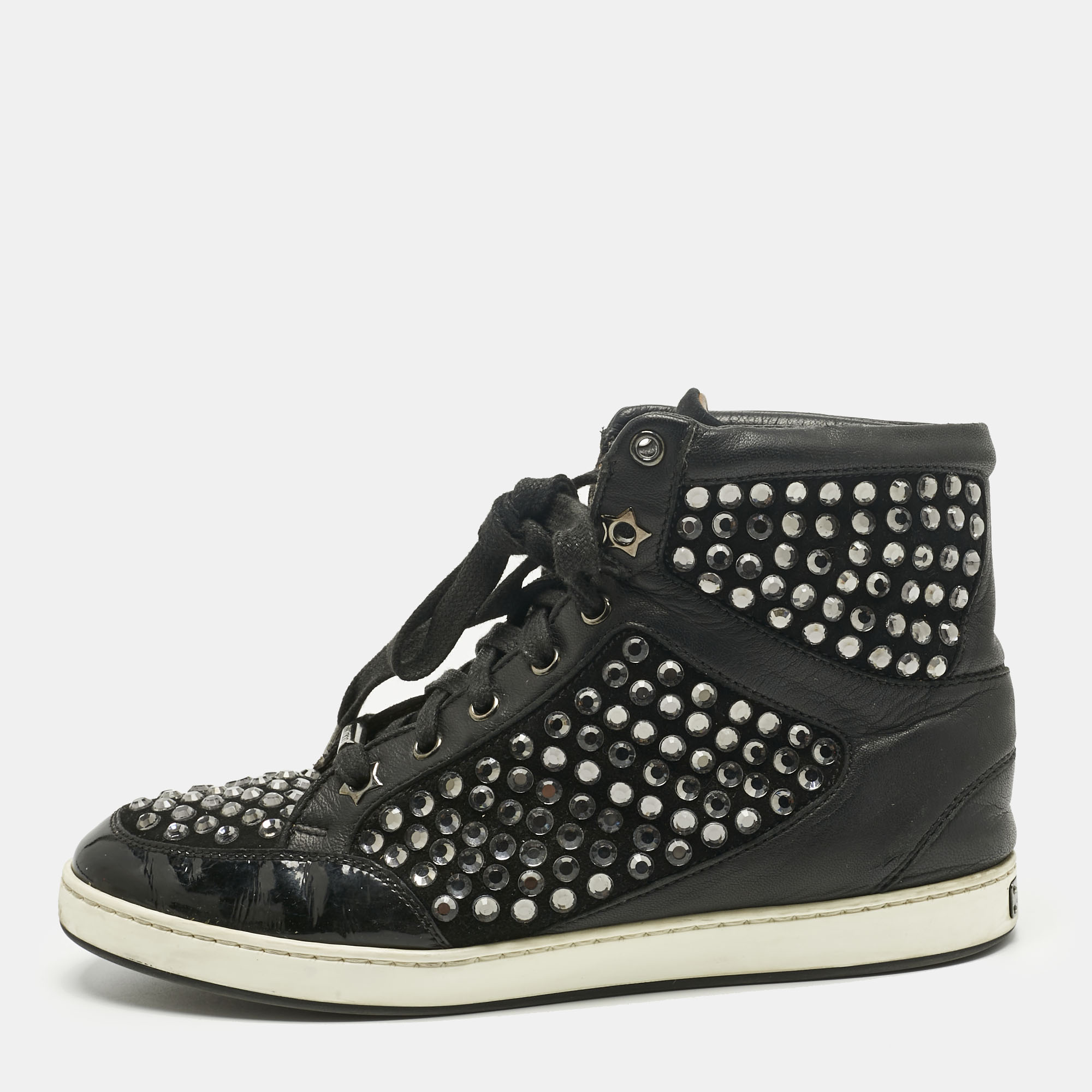 Pre-owned Jimmy Choo Black Leather And Suede Crystal Embellish High Top Sneakers Size 37