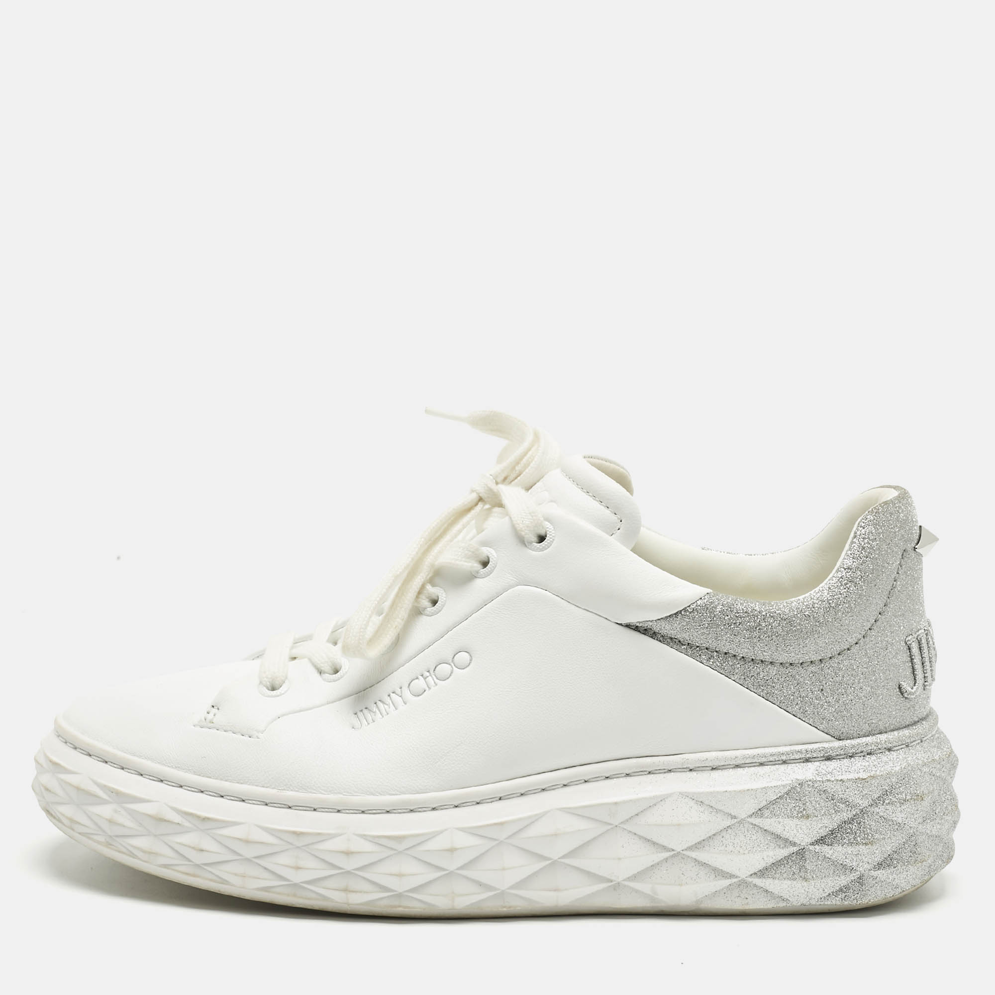 

Jimmy Choo White/Silver Leather Diamond Light Maxi Sneakers Size